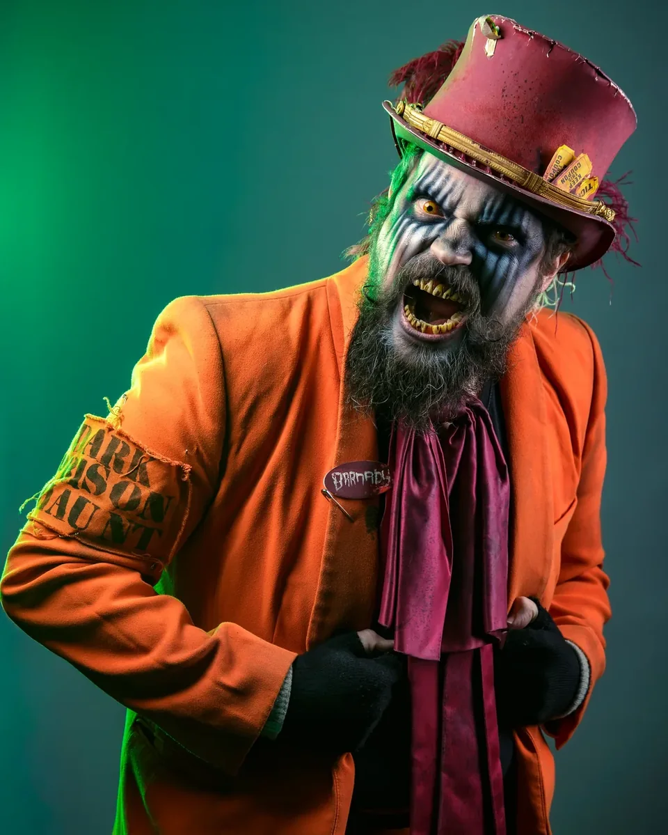 The Sinister Ringmaster snarling in an orange coat and top hat.