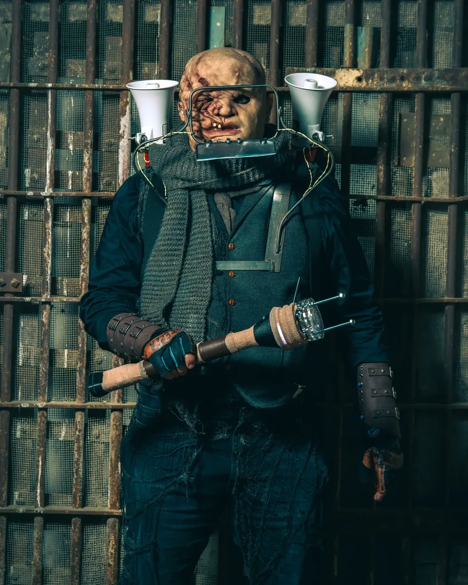 An armored midway performer holding a prop in front of prison bars.