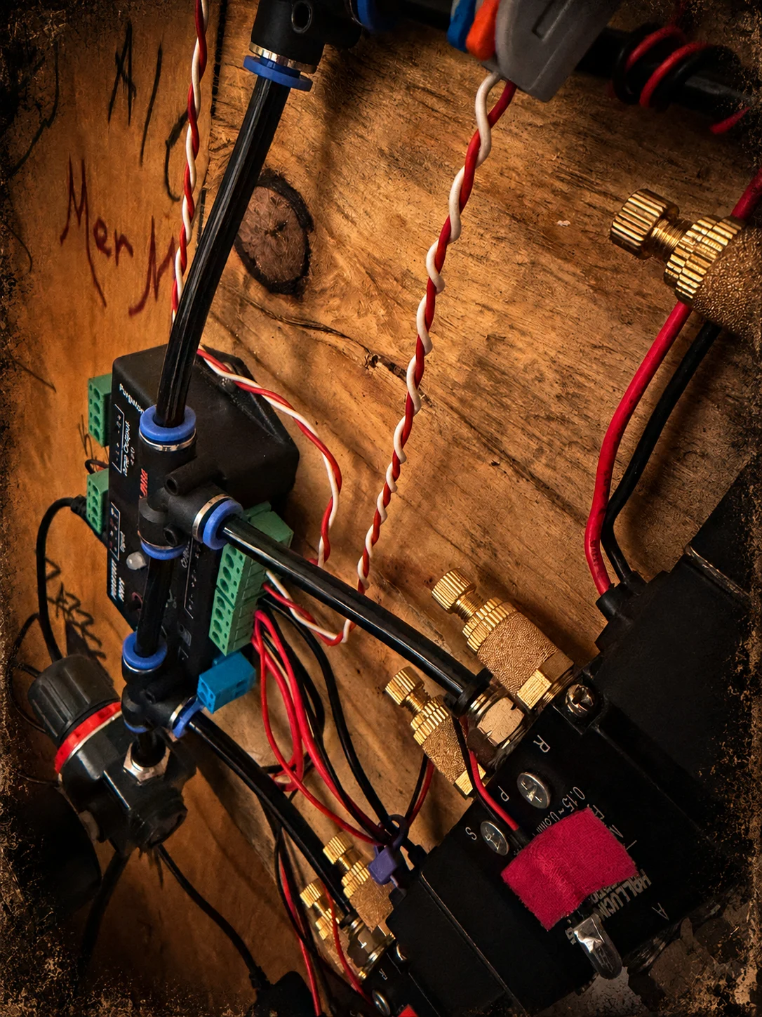 Exposed animatronic controllers, wiring, pneumatic tubing and solenoid valves