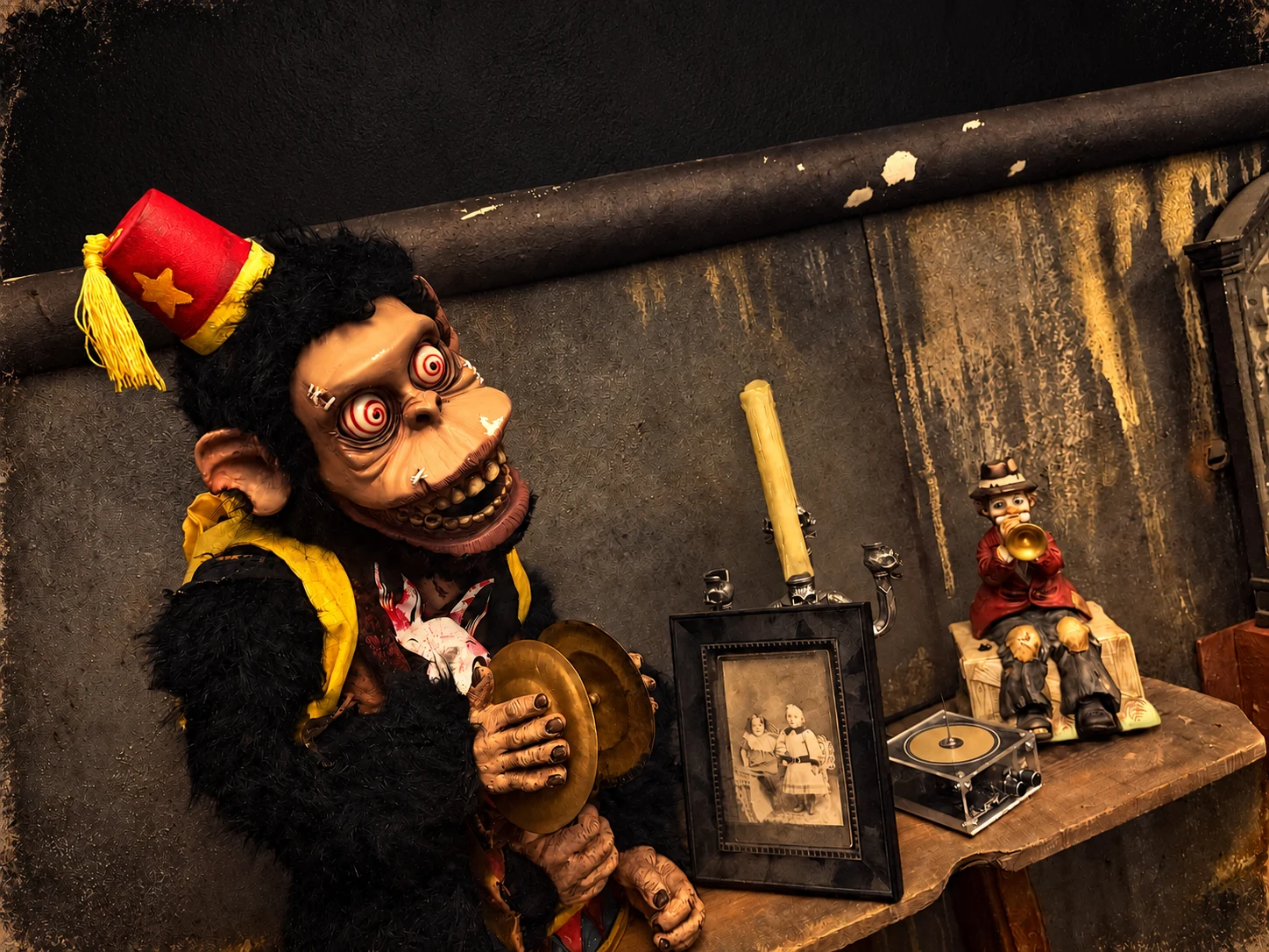 Cymbal monkey and trumpet-playing character in the upstairs VIP bar