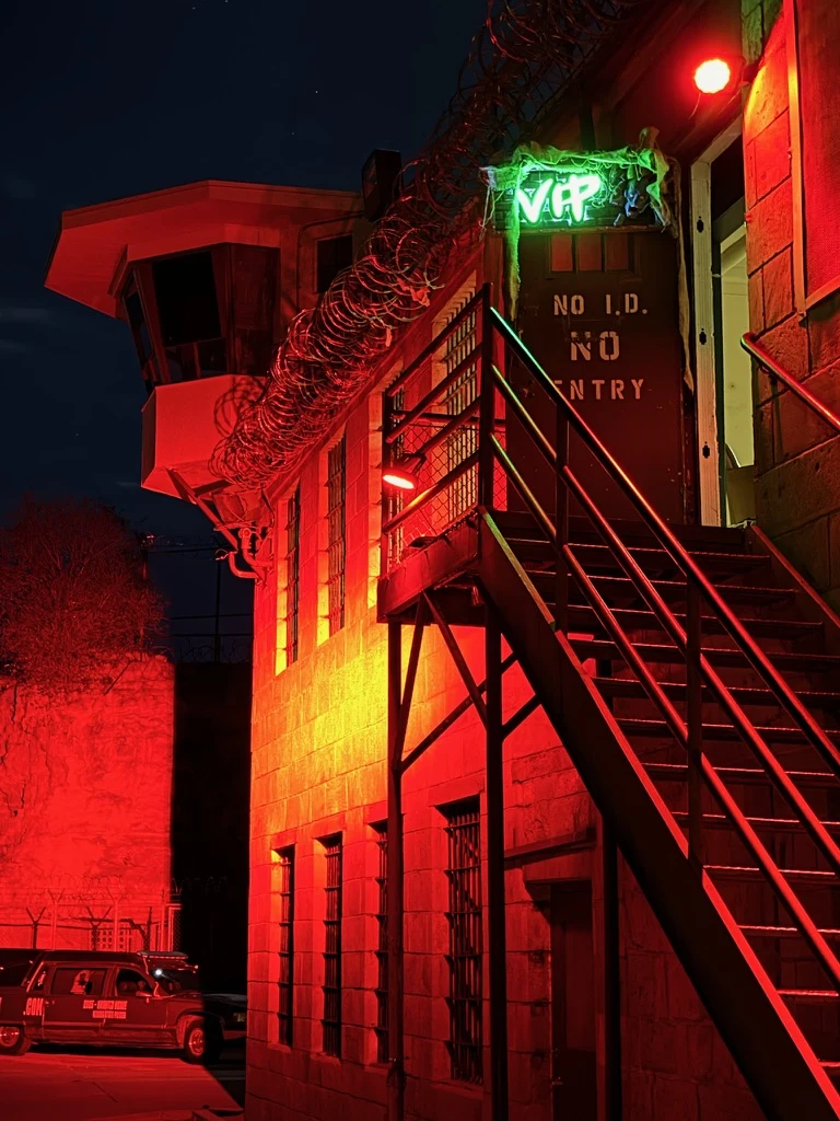 The upstairs VIP entrance at Dark Prison, lit red beneath a green VIP sign