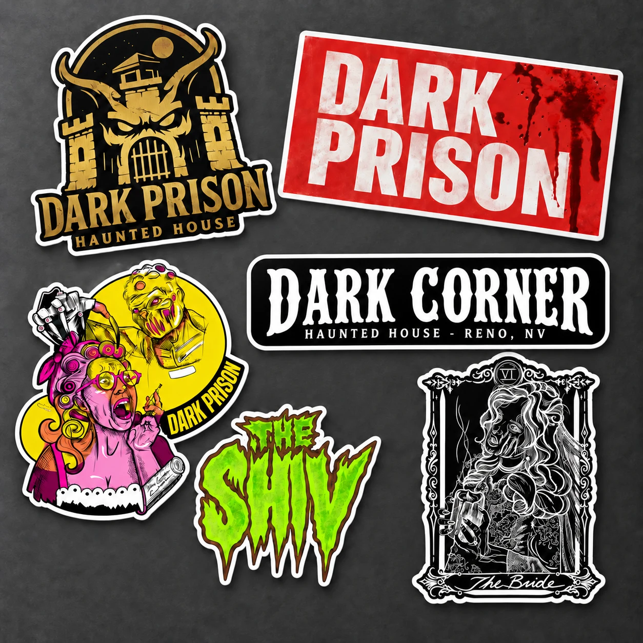 Dark Prison, Dark Corner, Holly and Jorgon, The Shiv and The Bride sticker designs with white cut borders