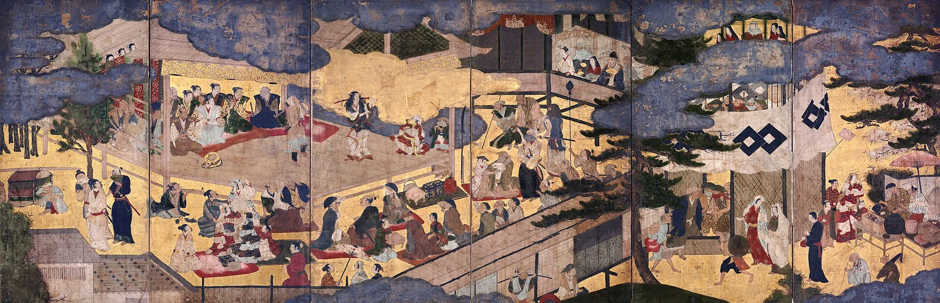 Painted screen showing early kabuki dancers performing on an outdoor stage