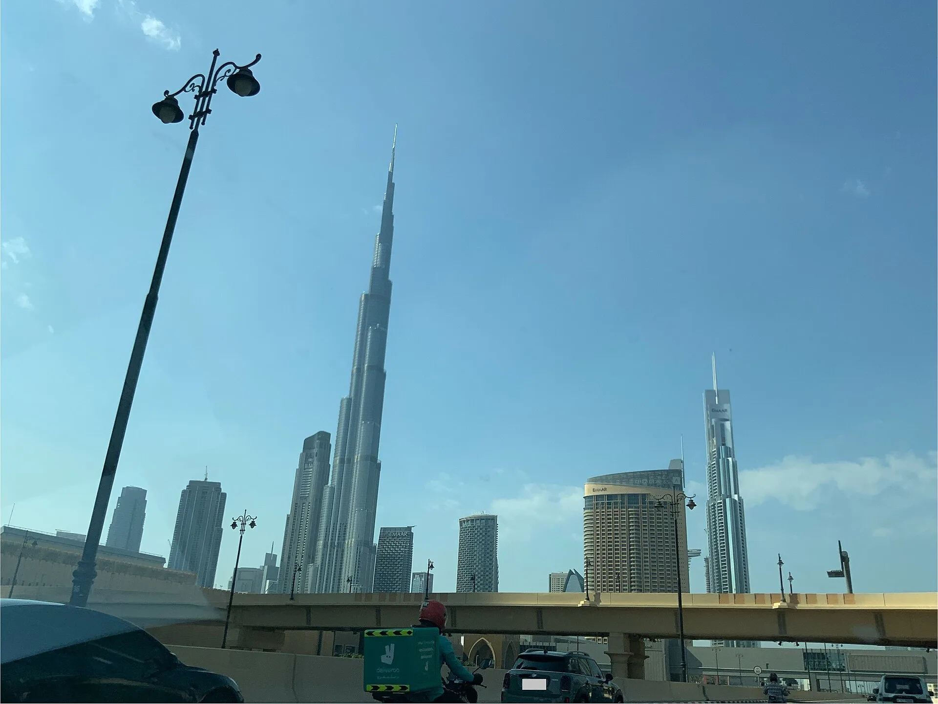 Burj Khalifa's tapering form and spire against a blue sky