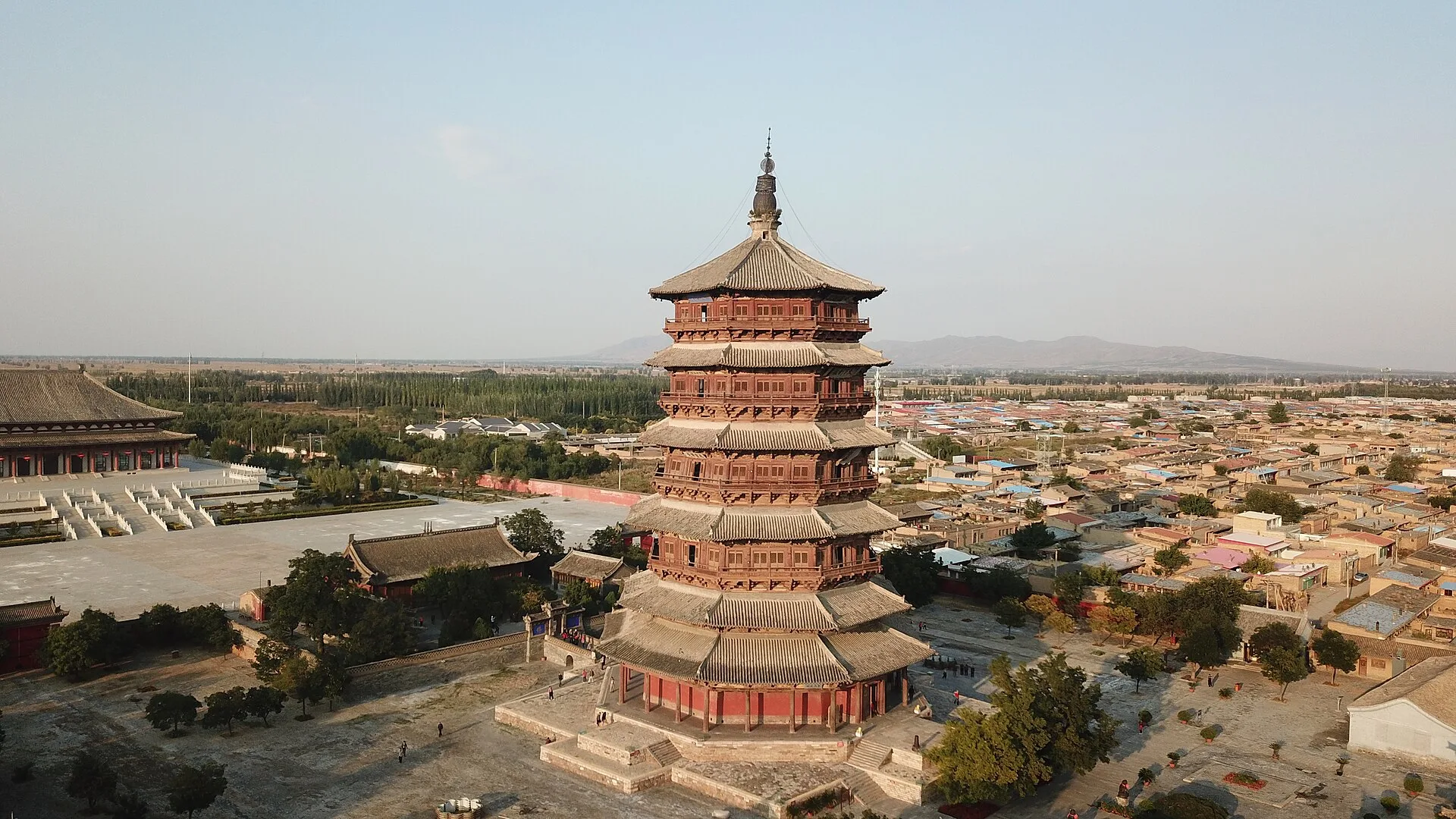 Octagonal timber Yingxian Wooden Pagoda with tiers of eaves at dusk