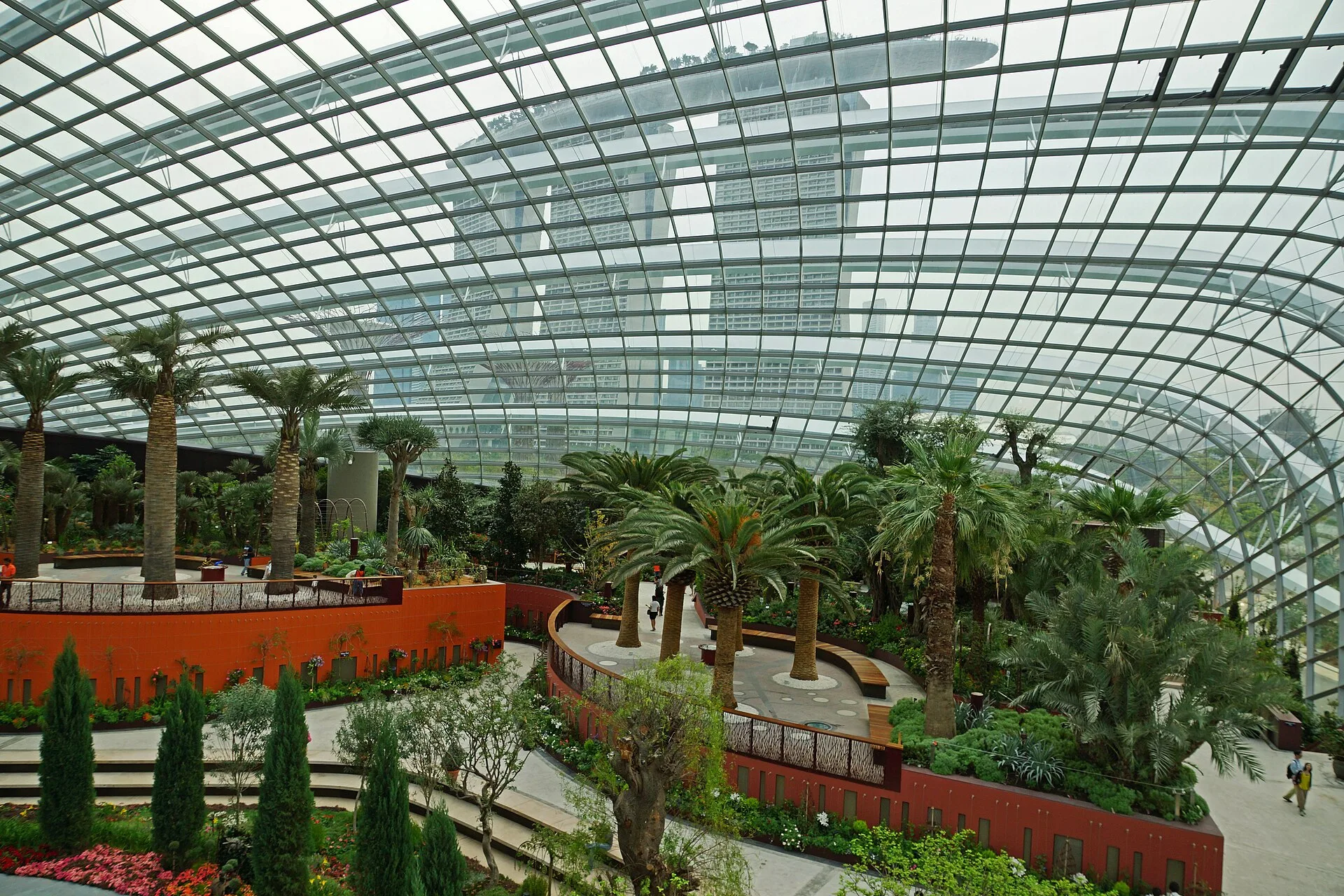 Interior of the Flower Dome glass conservatory at Gardens by the Bay, Singapore