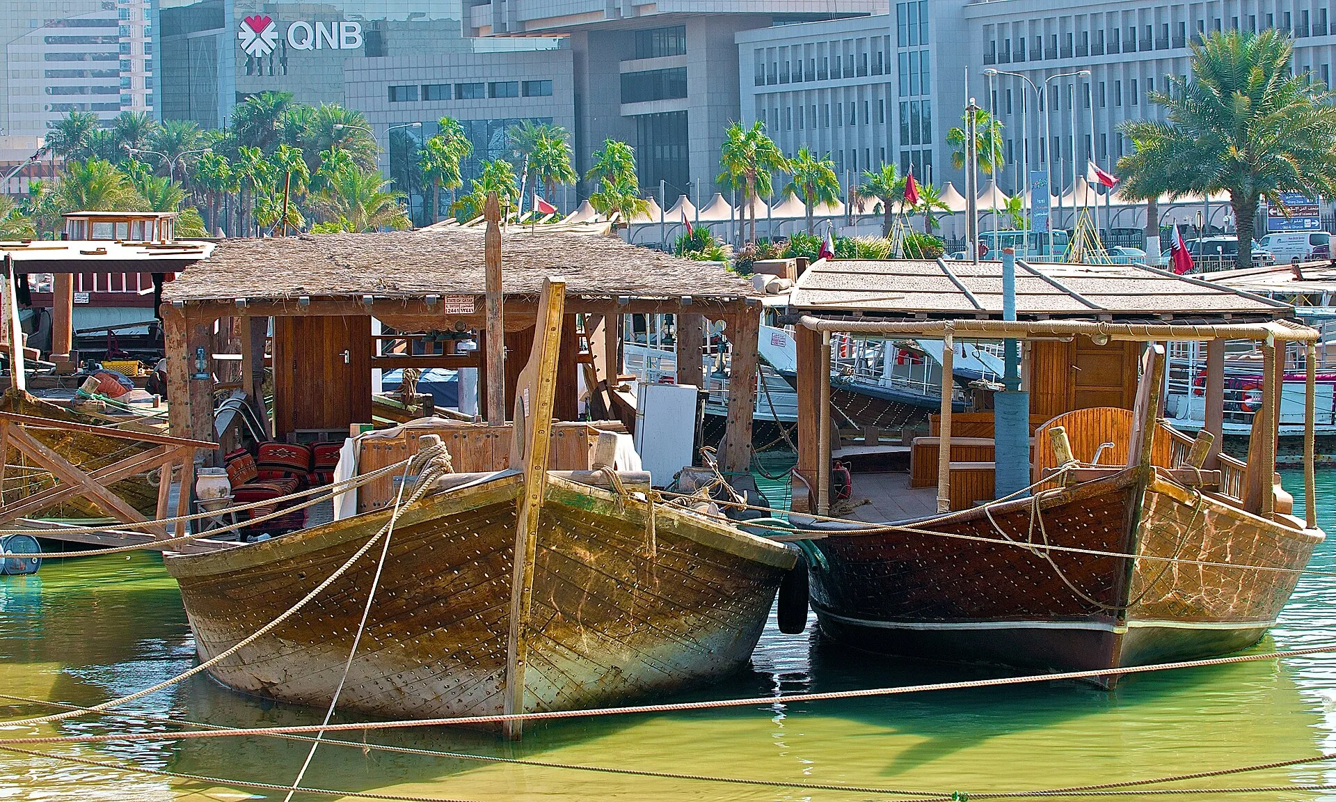 Traditional wooden pearling dhows moored on the Doha Corniche, Qatar