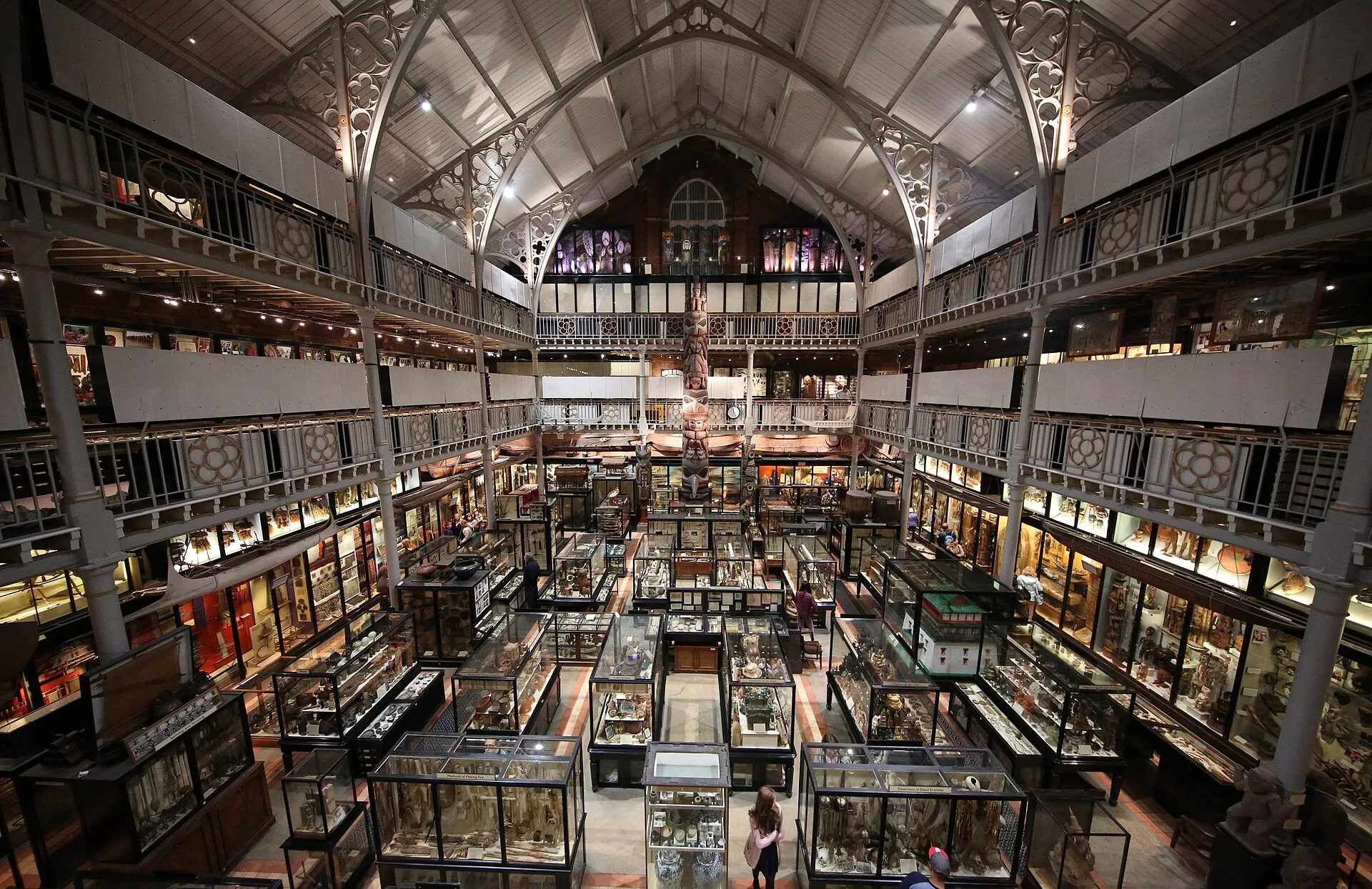 Interior of the Pitt Rivers Museum seen from an upper gallery