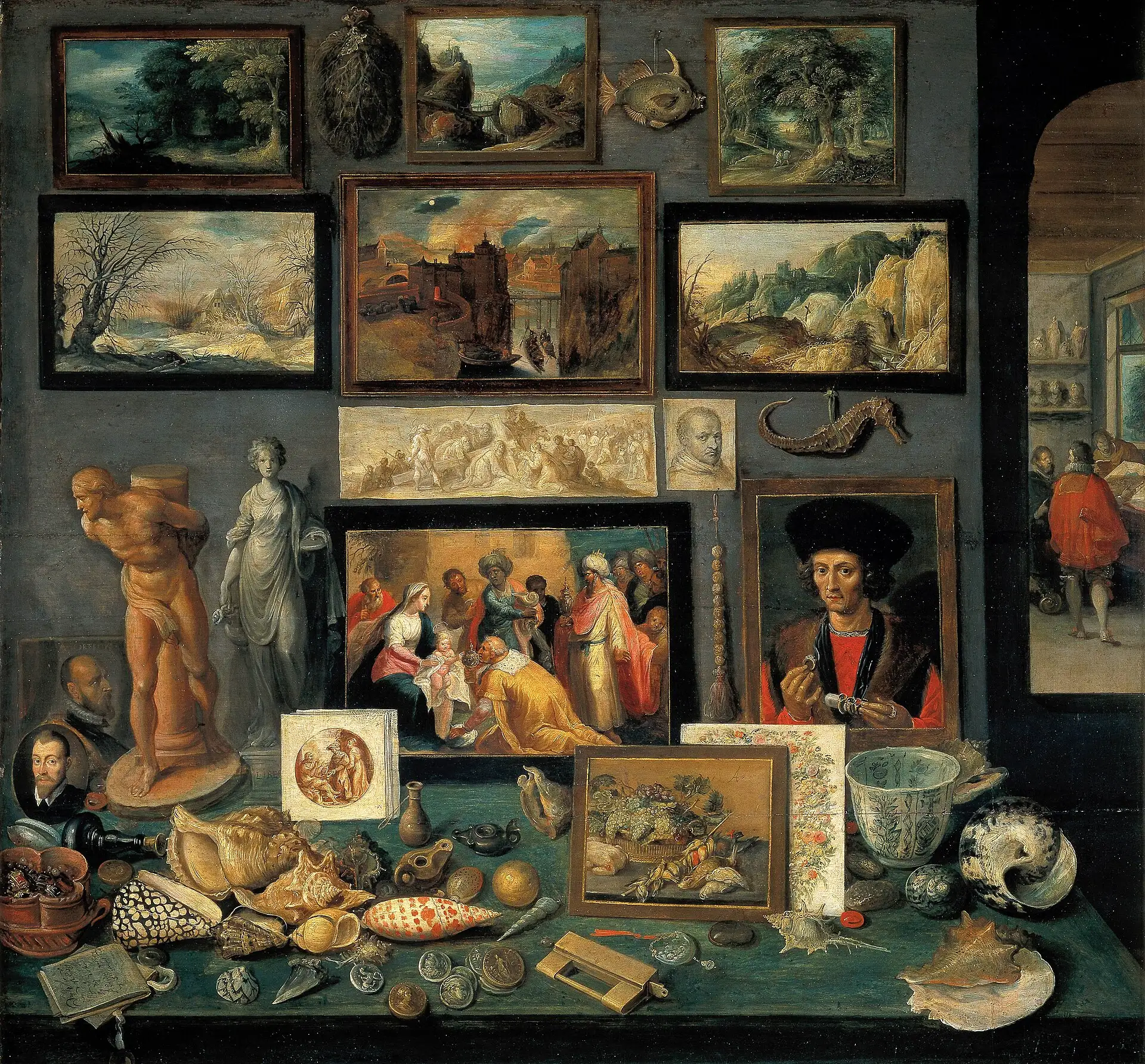 Seventeenth-century Flemish painting of a collector's cabinet