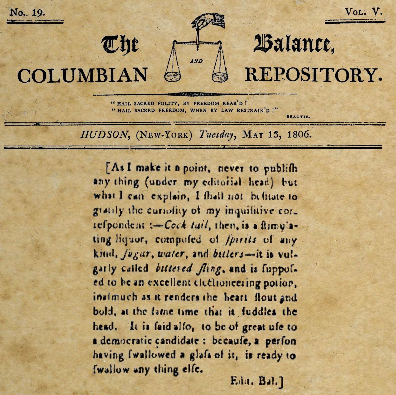 Masthead and printed extract from an 1806 New York newspaper