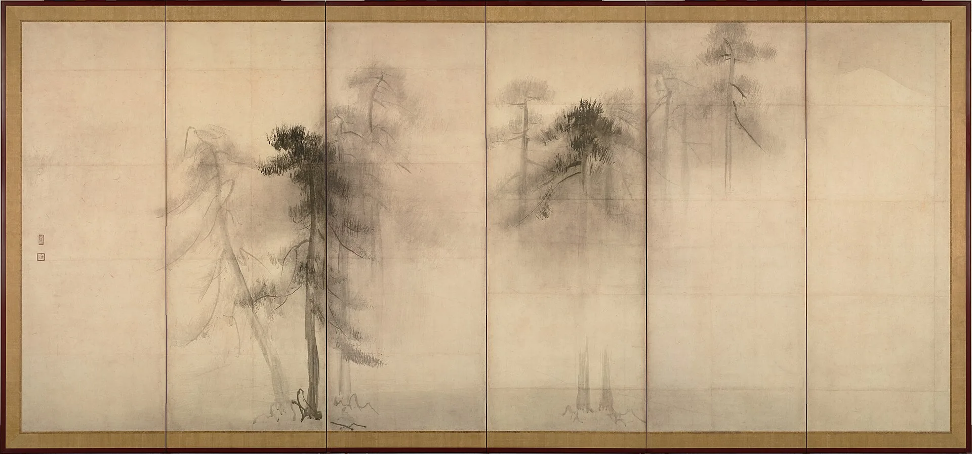 Monochrome ink painting of pine trees emerging from mist