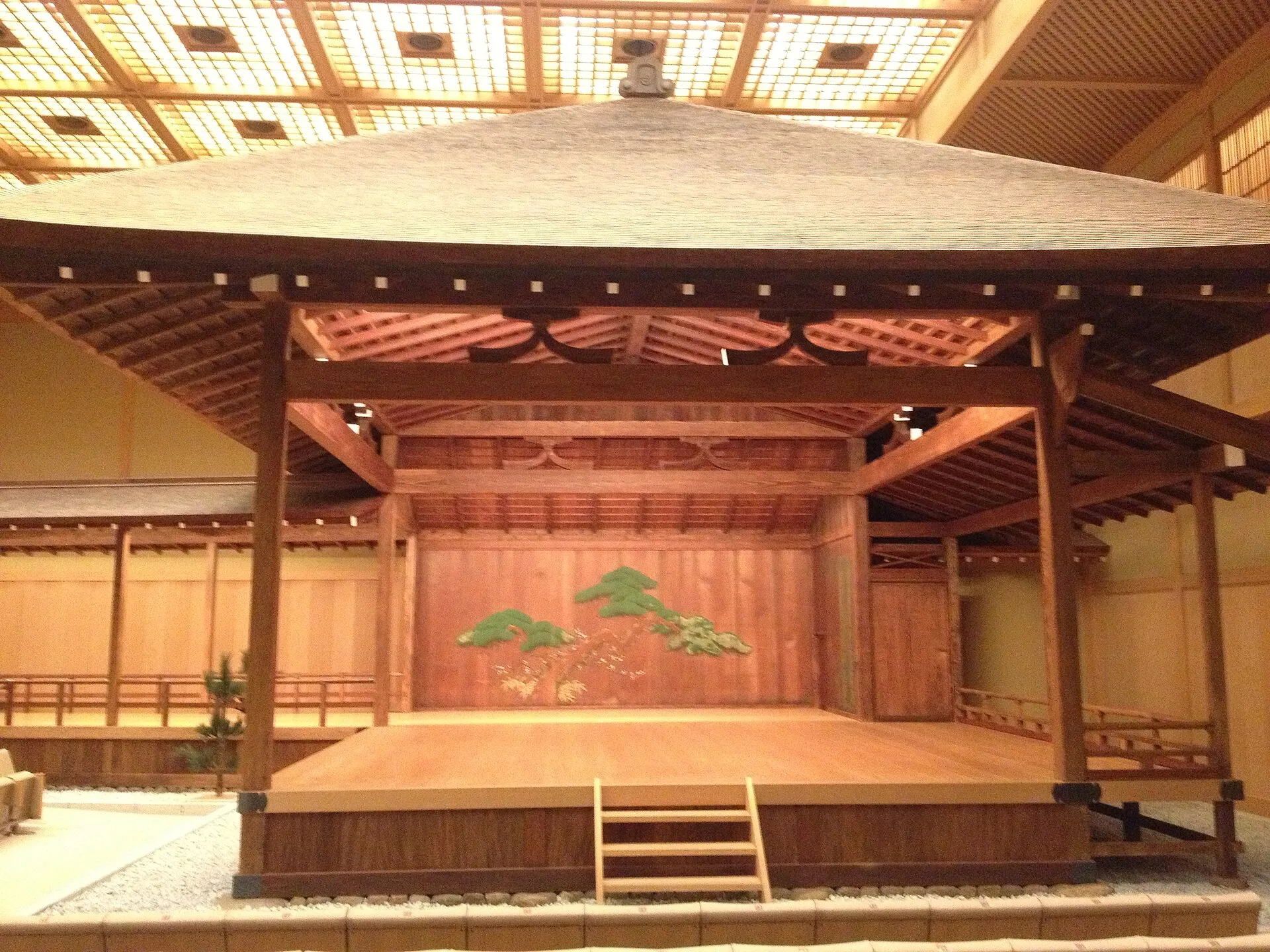 Wooden Noh stage at the Yokohama Noh Theatre seen from the front