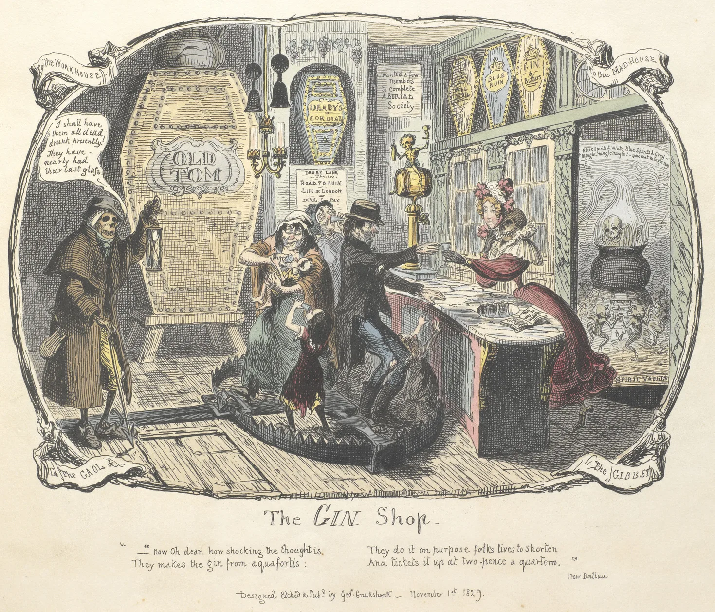 Coloured Cruikshank print of a gin shop with large casks and drinkers at the counter