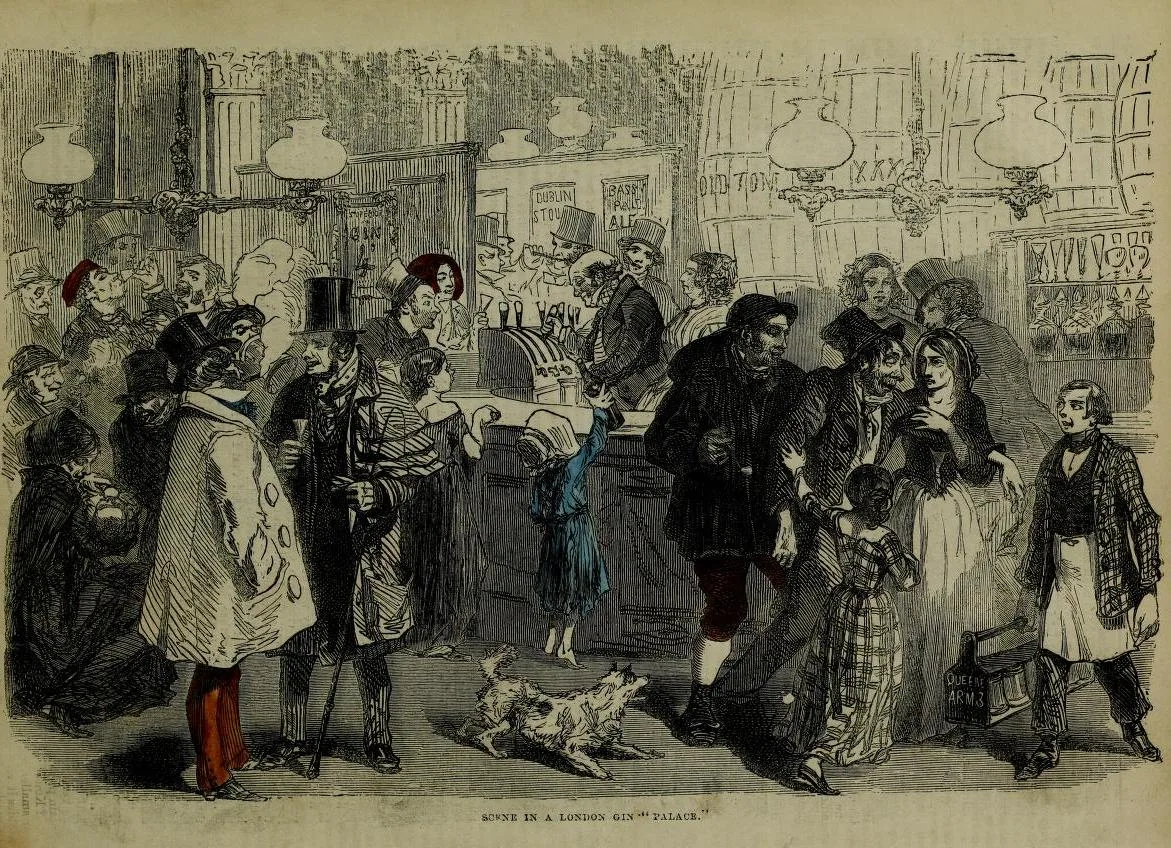 Engraving of a crowd of customers at the bar of a London gin palace lit by gas lamps