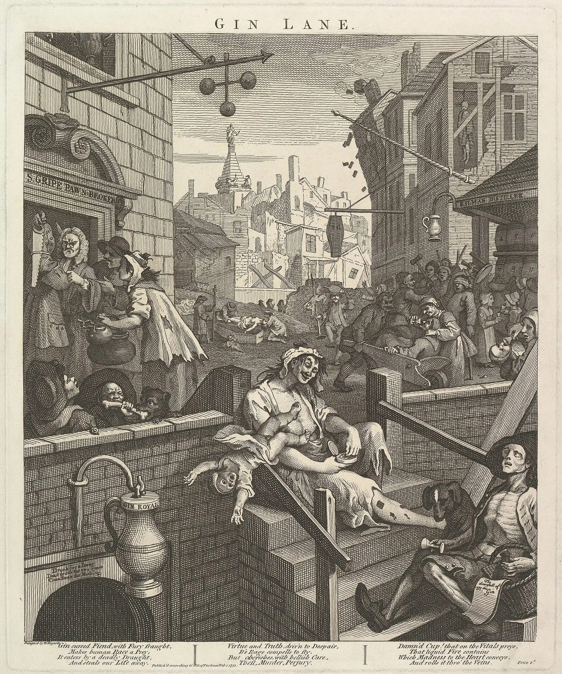 Hogarth's Gin Lane print showing a drunken mother dropping her baby in a London street