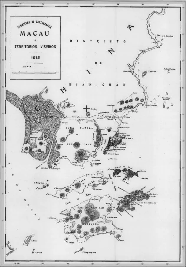 1912 map of Macao and nearby islands including D. João and Montanha