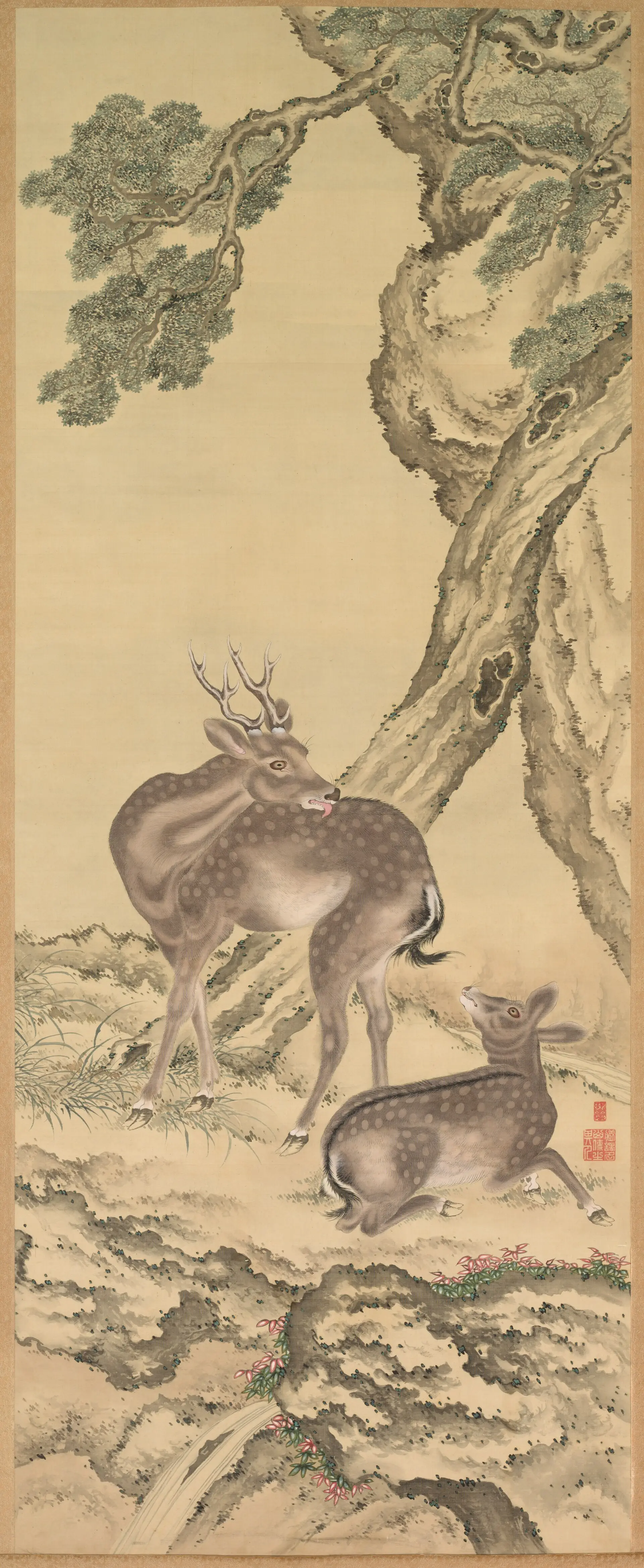 Japanese painting of two deer beneath a pine tree, 1801