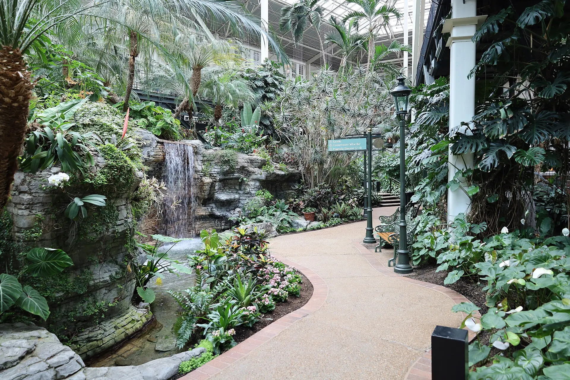 Glass-roofed hotel atrium with tropical plants, a waterfall and a curving path
