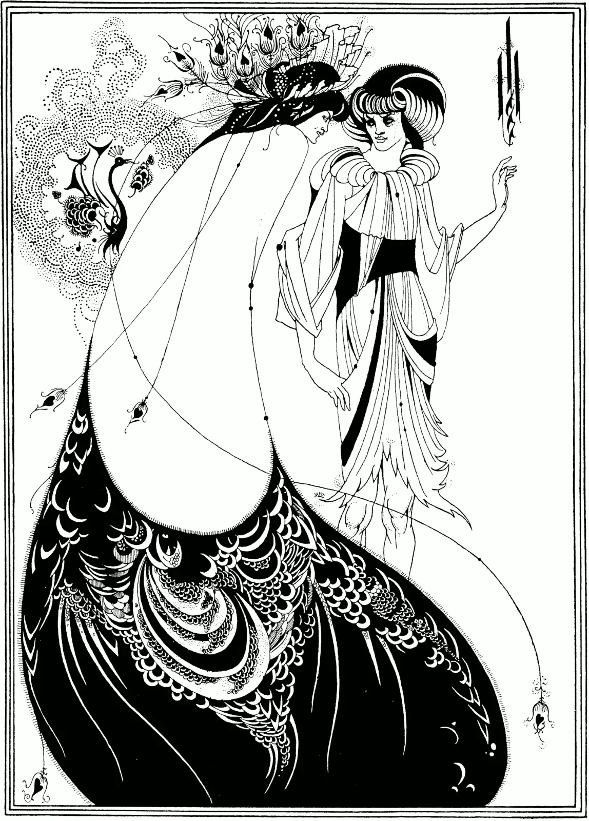 Beardsley's The Peacock Skirt, black ink drawing of Salome in a peacock-patterned robe