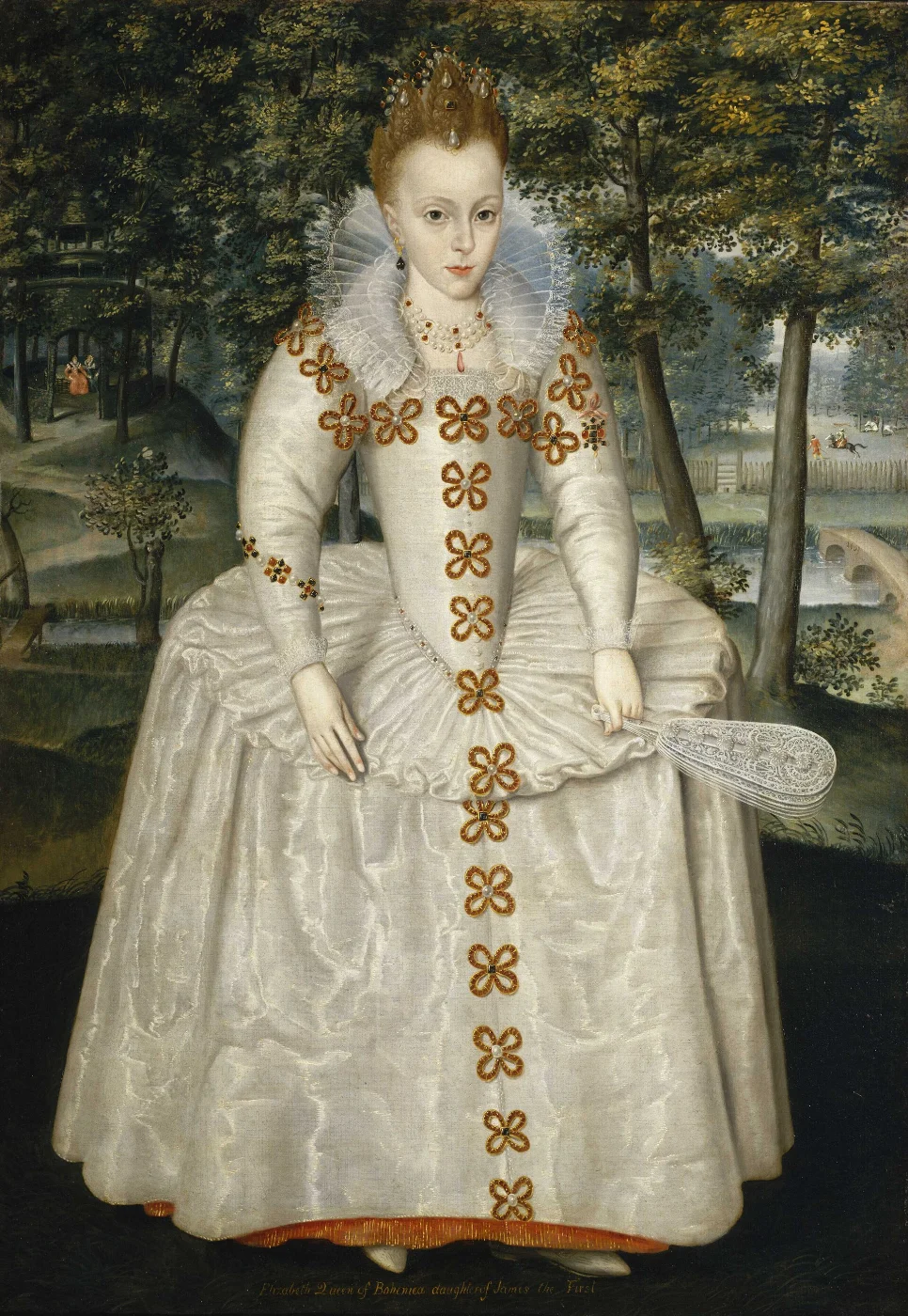 Full-length portrait of a young princess in a white jewelled gown holding a fan