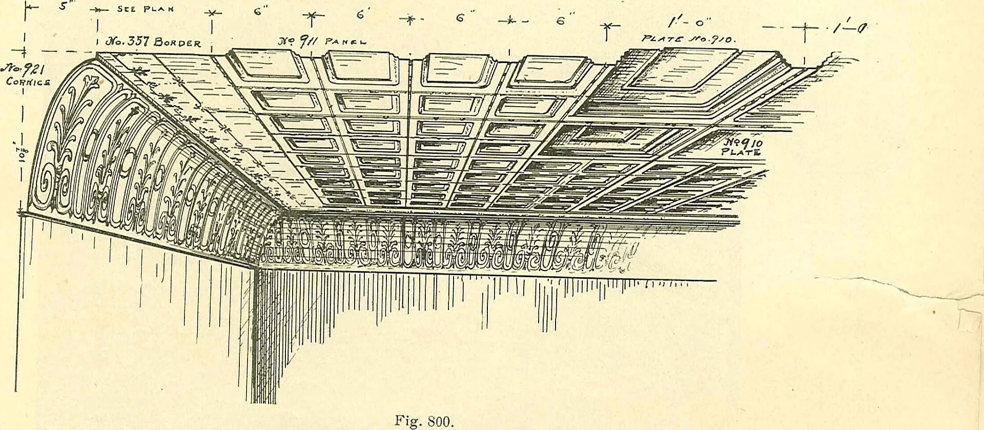 Catalogue engraving of a metal ceiling fixed to timber furring strips