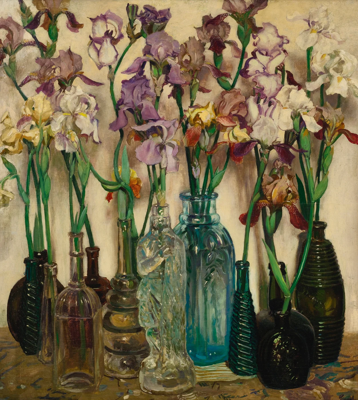 Painting of irises arranged in a row of glass bottles of different colours