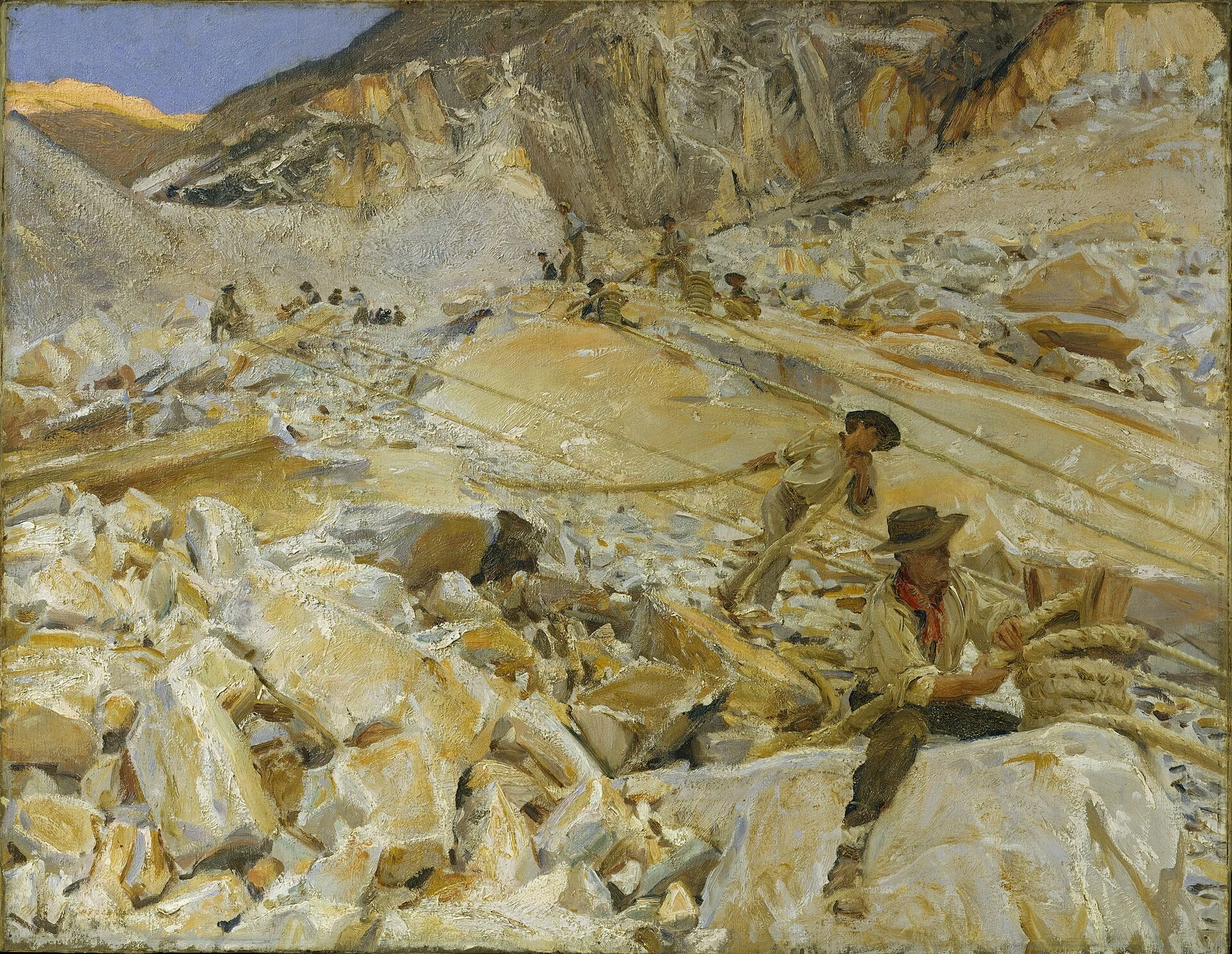 Sargent painting of quarrymen guiding marble down a rocky slope