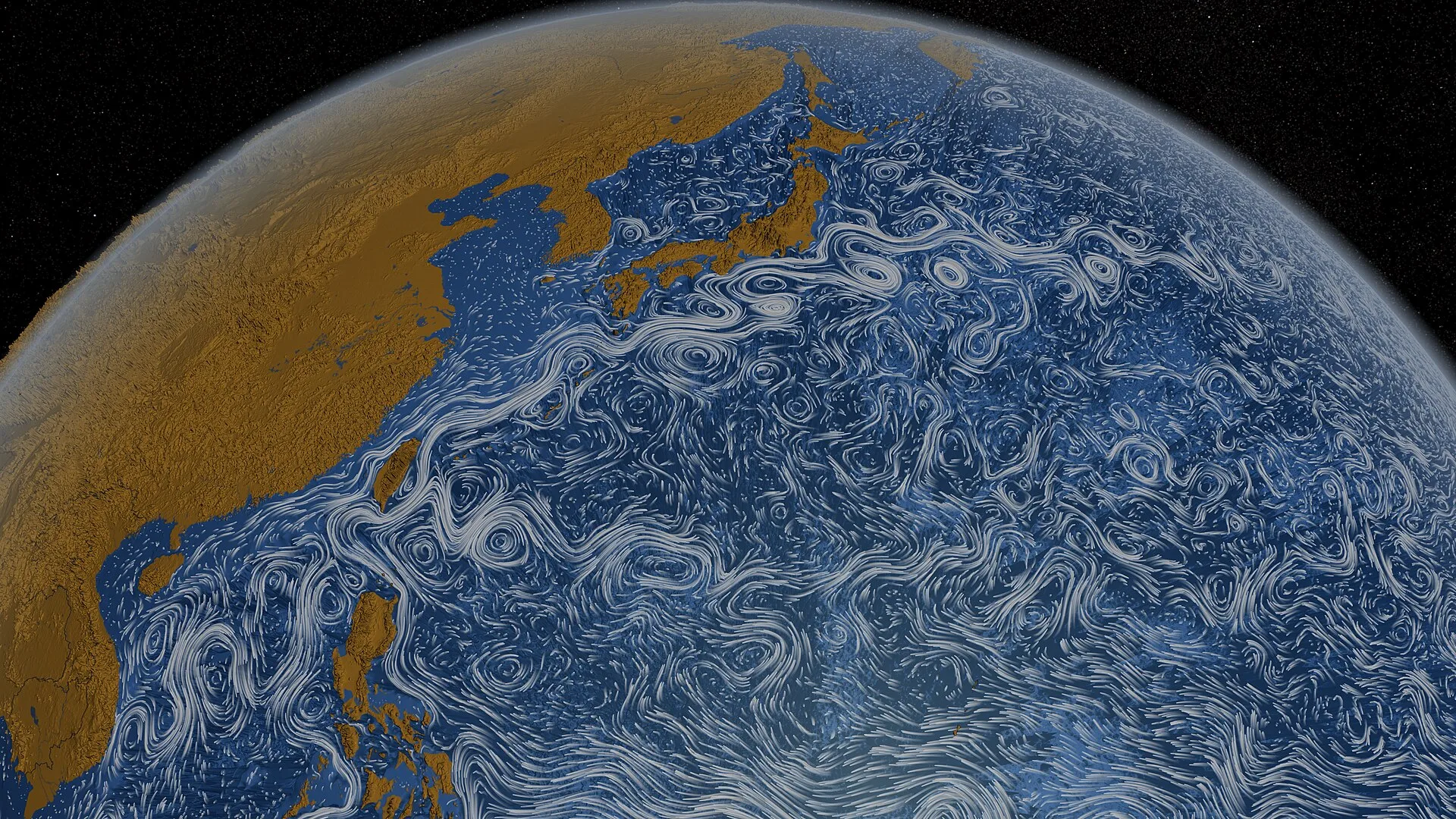 Globe view of the western Pacific showing ocean currents near Japan