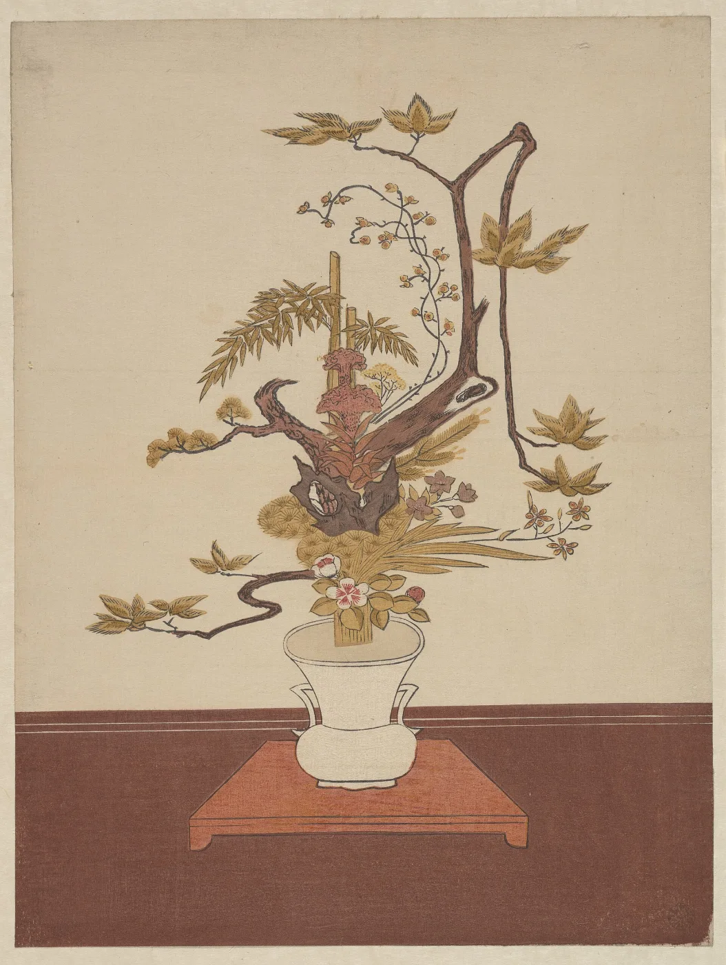 Woodblock print of a tall flower arrangement in a vase on a stand
