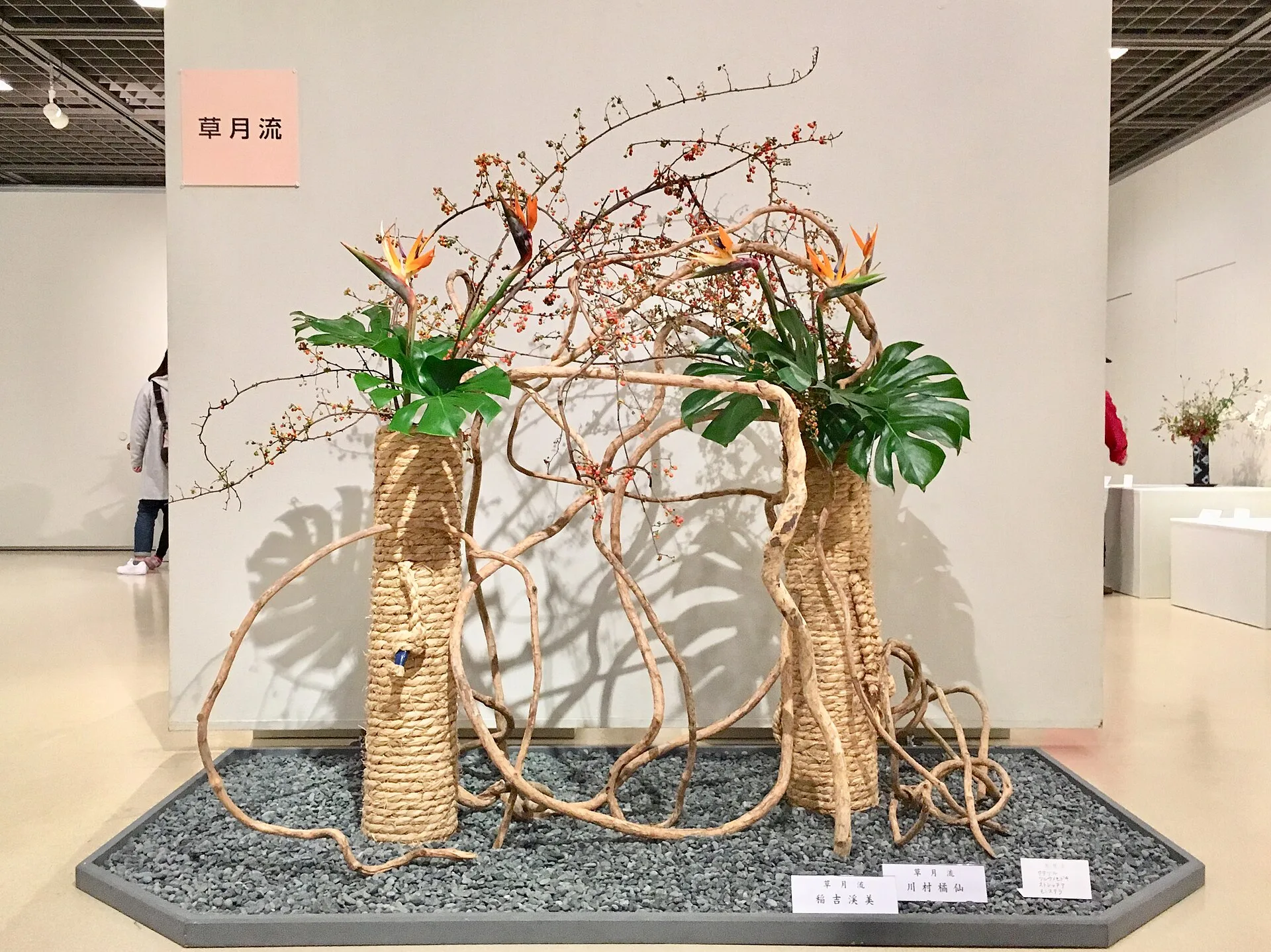 Large freestyle arrangement of twisted vines, rope-wrapped columns and tropical leaves