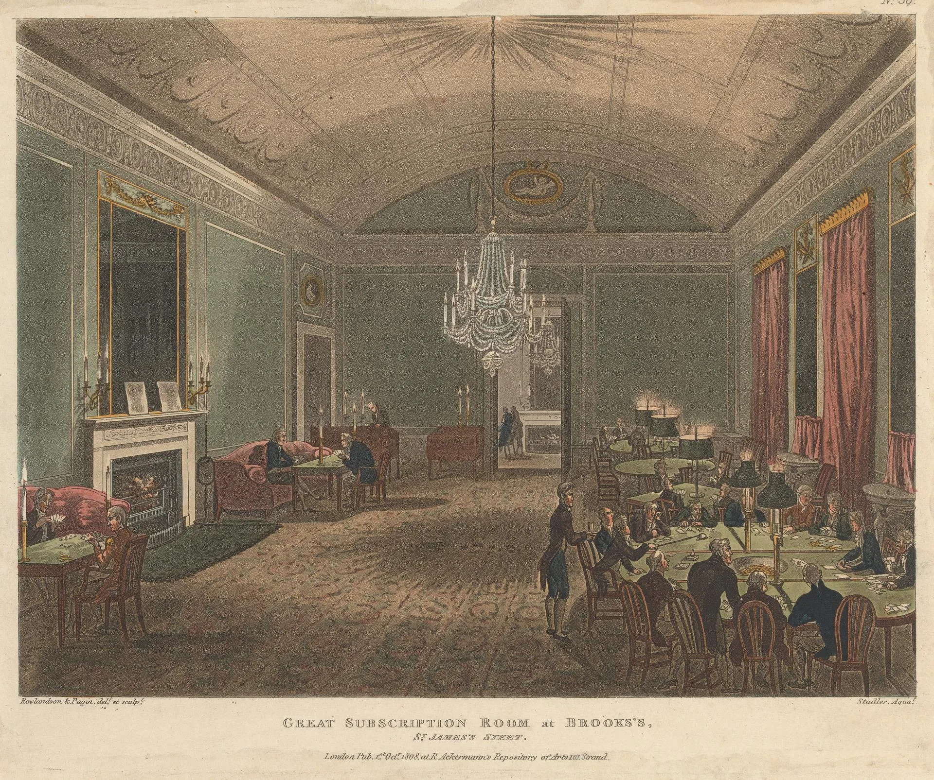 Aquatint of a long candlelit club room with gaming tables and chandeliers