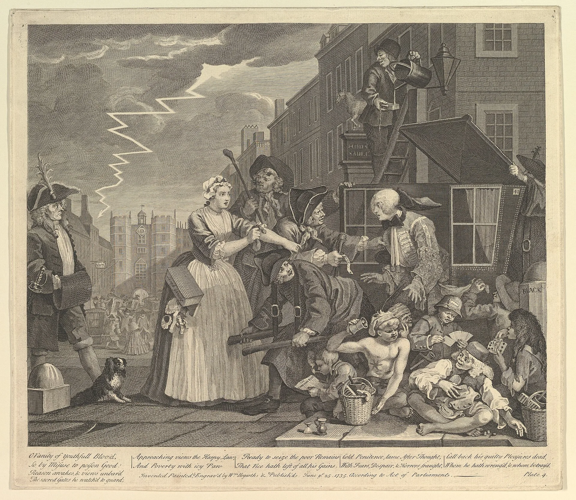 Engraved street scene with a man in a sedan chair surrounded by figures