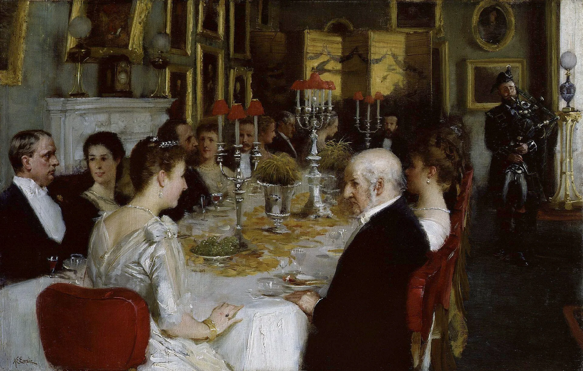 Victorian painting of guests in evening dress dining at a candlelit table with flowers