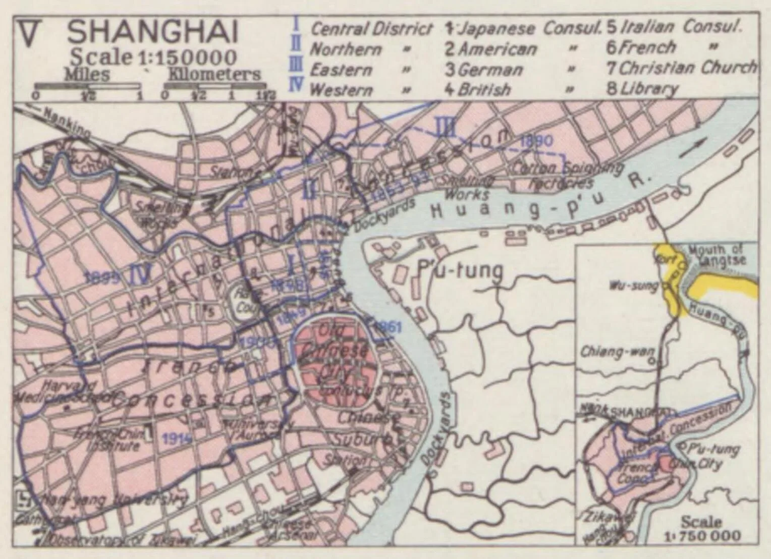 Coloured 1935 map of Shanghai with the Huangpu River and settlement boundaries