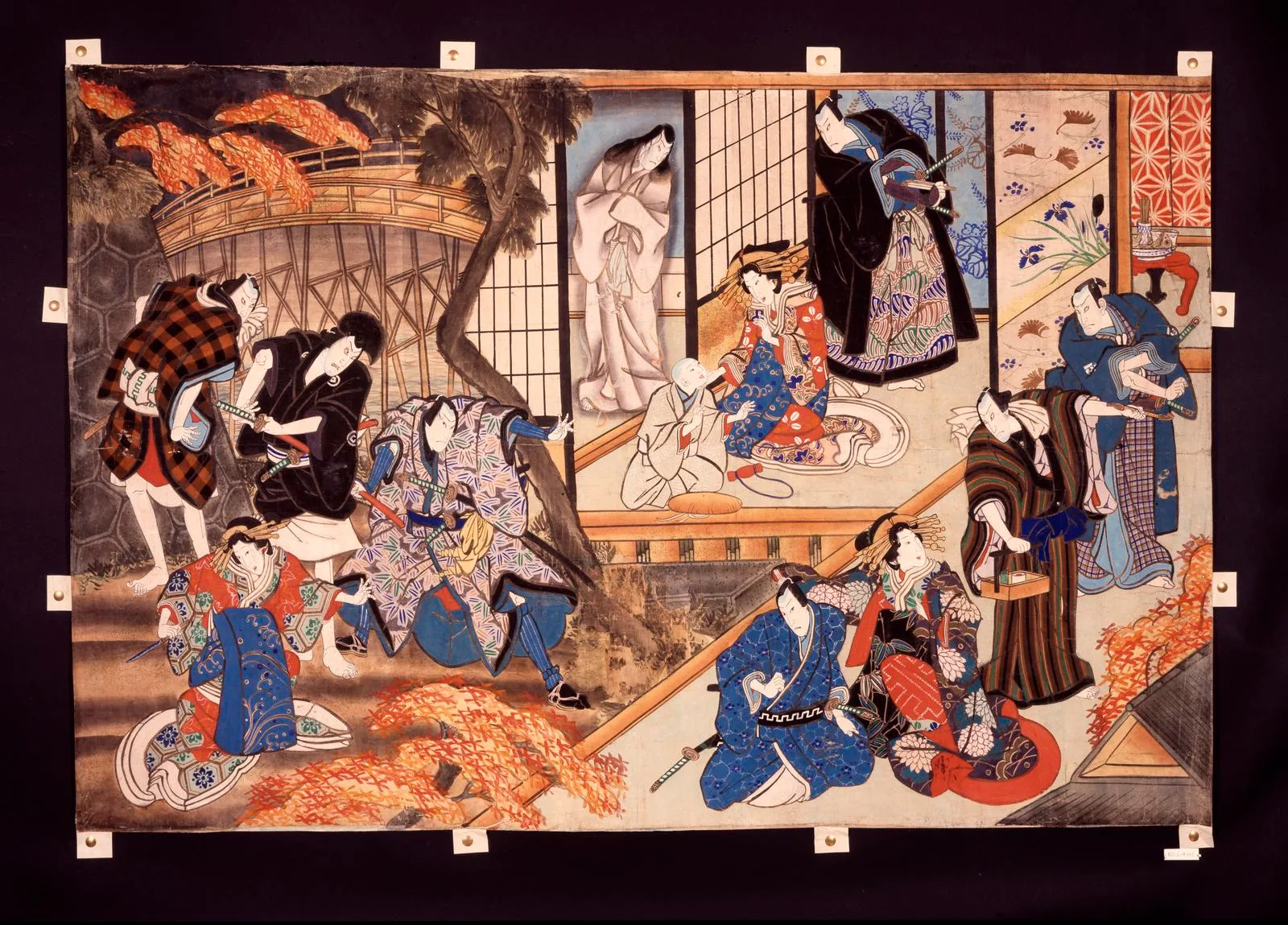 Painted wooden signboard showing three kabuki scenes with actors and autumn maples