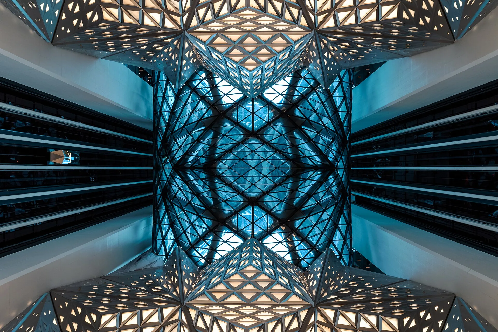 Looking up through the steel exoskeleton and voids of the Morpheus hotel