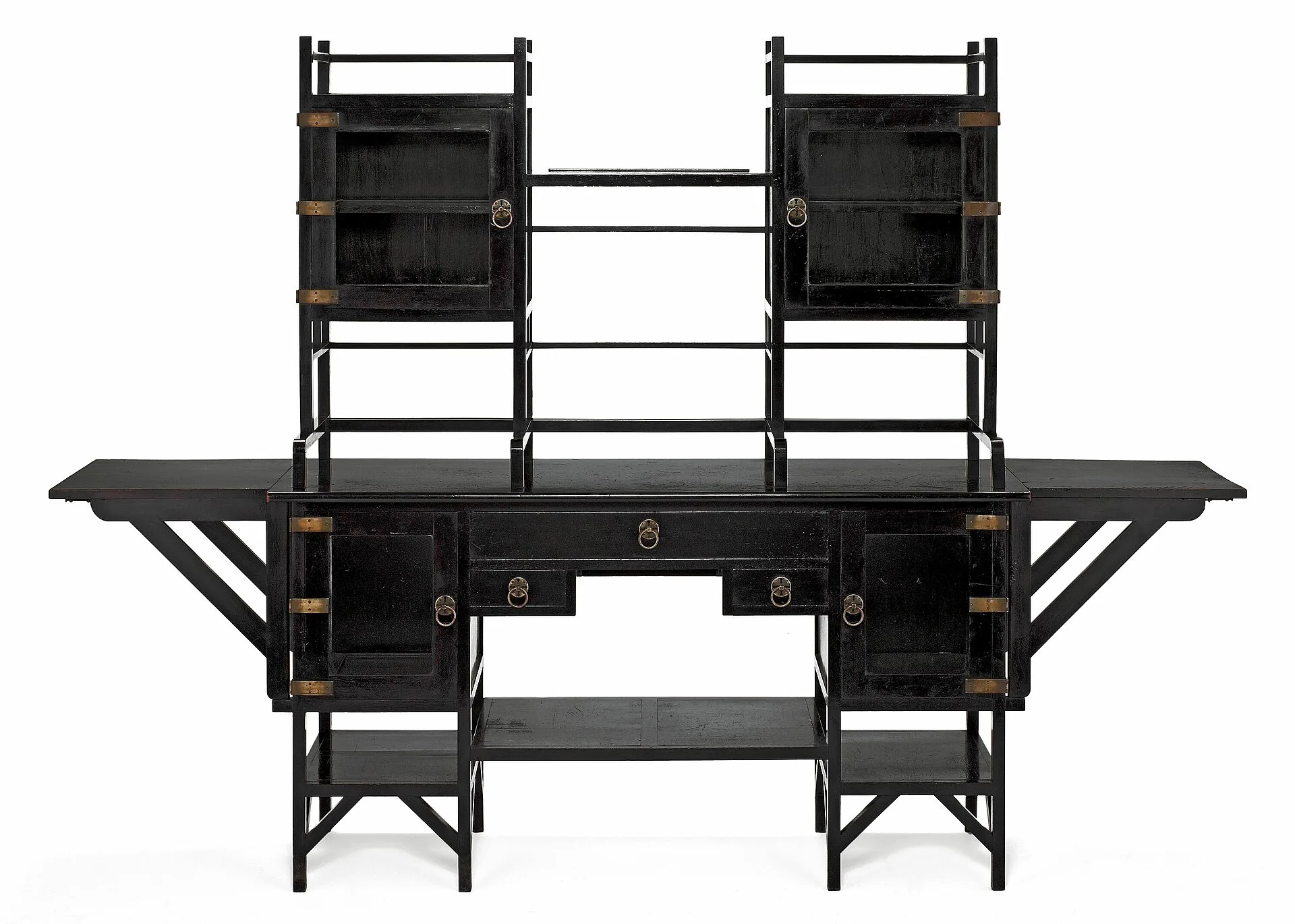 Black wooden sideboard with open shelves, small cupboards and slender square legs
