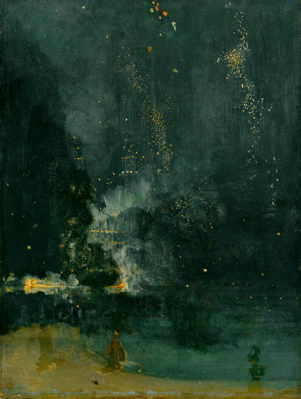 Dark night painting of falling firework sparks over a misty park