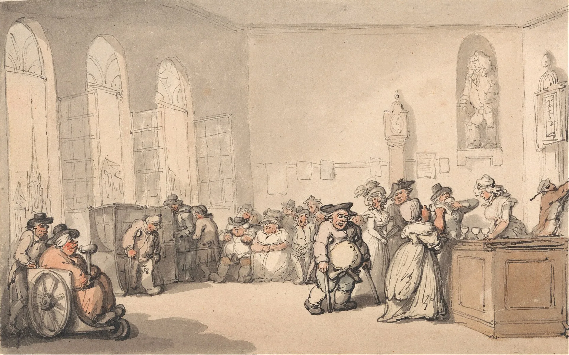 Caricature print of crowded Georgian visitors taking the waters inside the Bath Pump Room