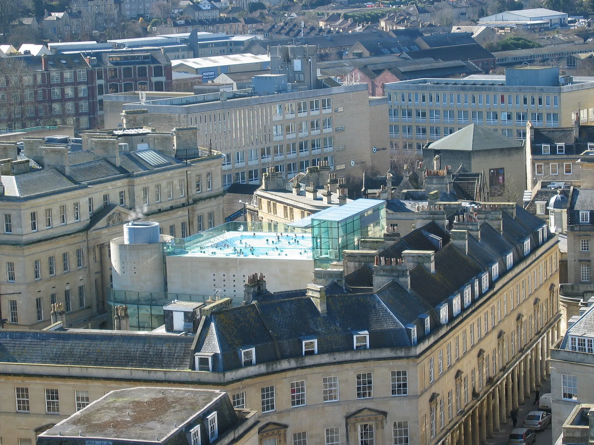 Rooftops of Bath with the modern Thermae Bath Spa building and its rooftop pool