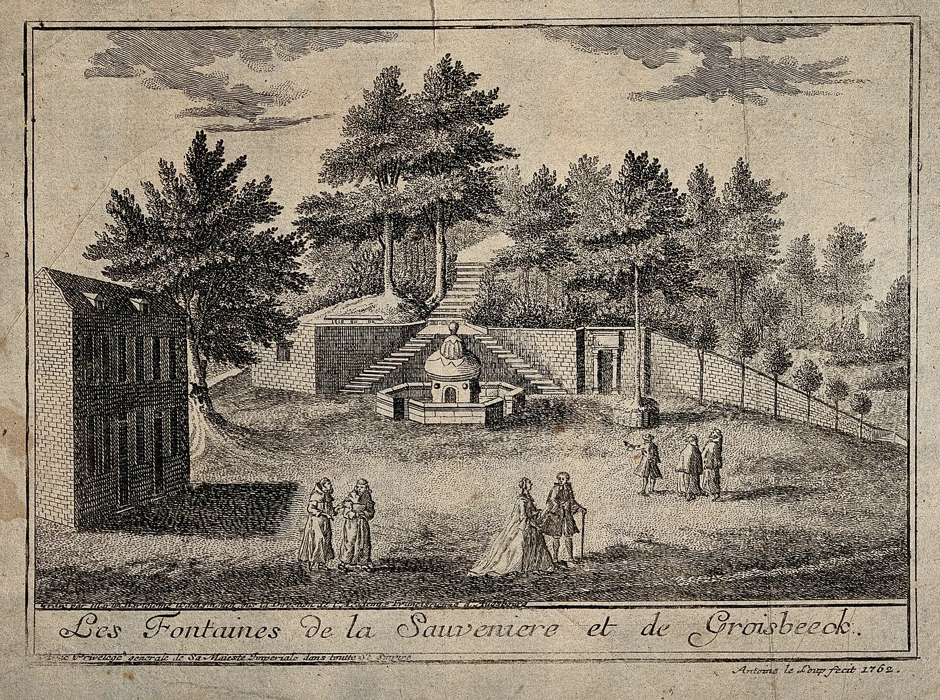 Engraving of monks and visitors gathered around spring fountains beneath trees at Spa