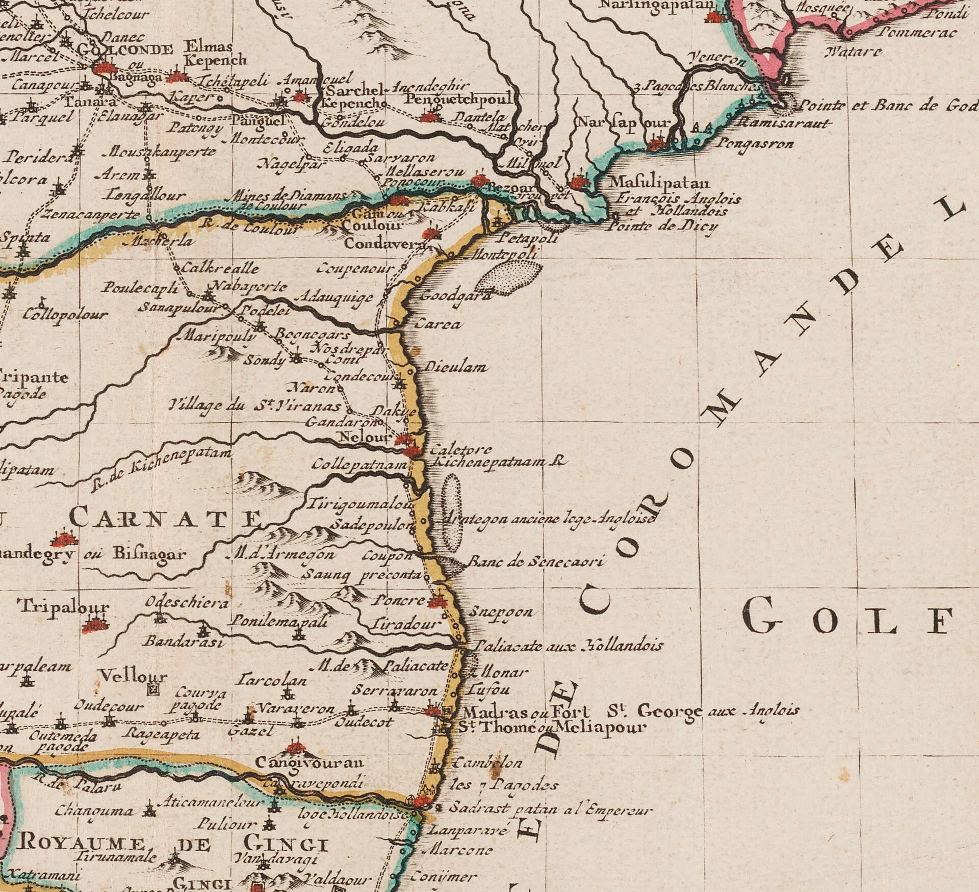 Antique map of a coastline with place names and sea markings