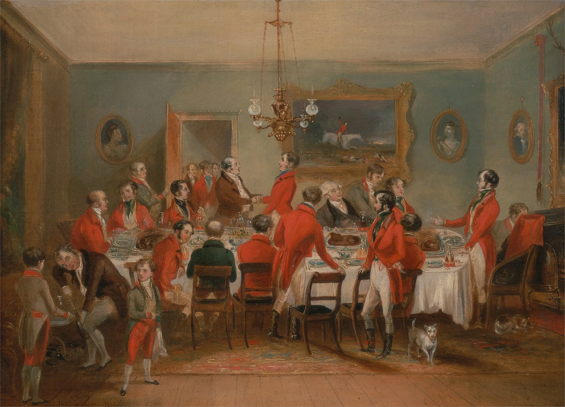 Painting of huntsmen in red coats gathered around a breakfast table indoors