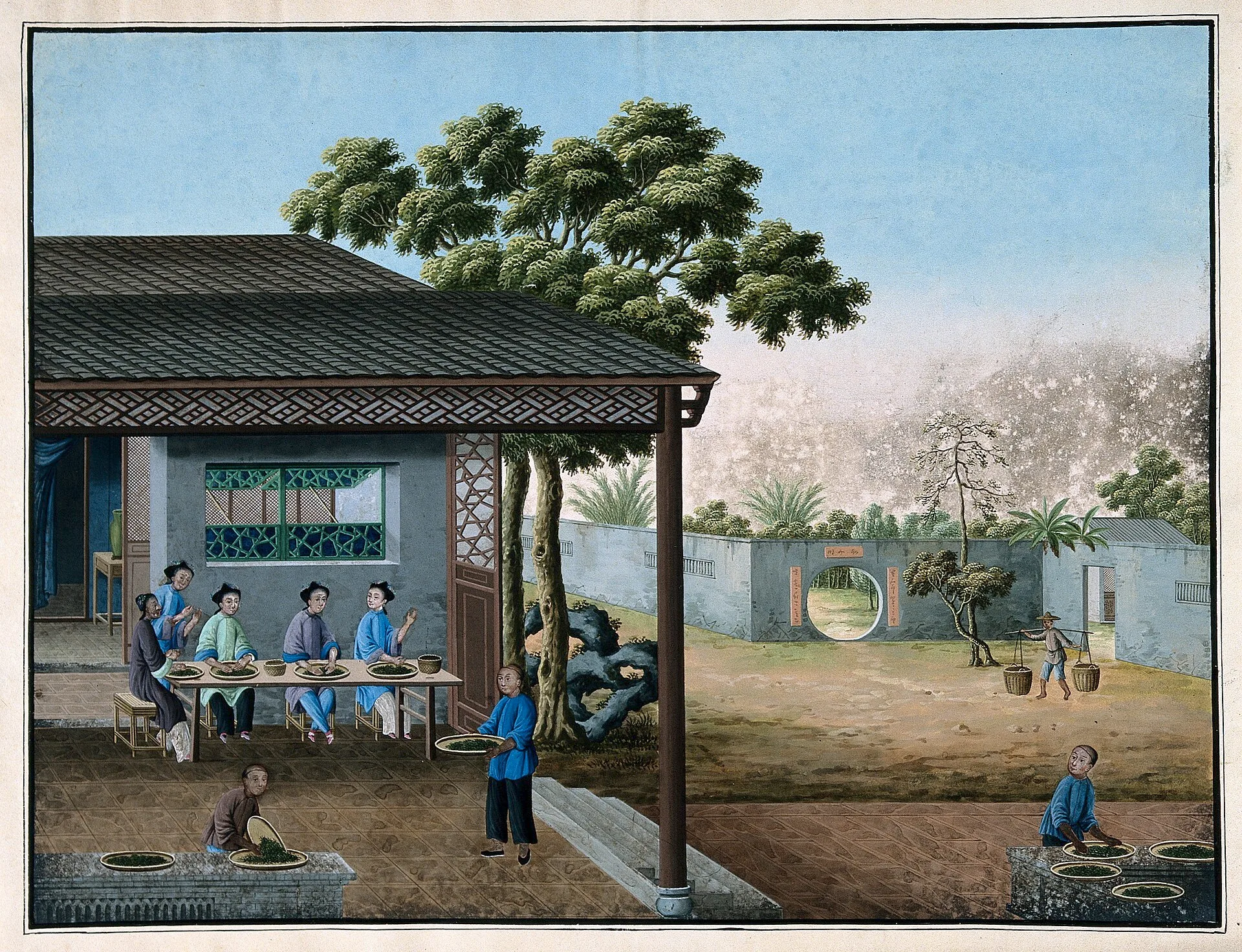 Painting of workers rolling and sifting tea leaves beside a pavilion