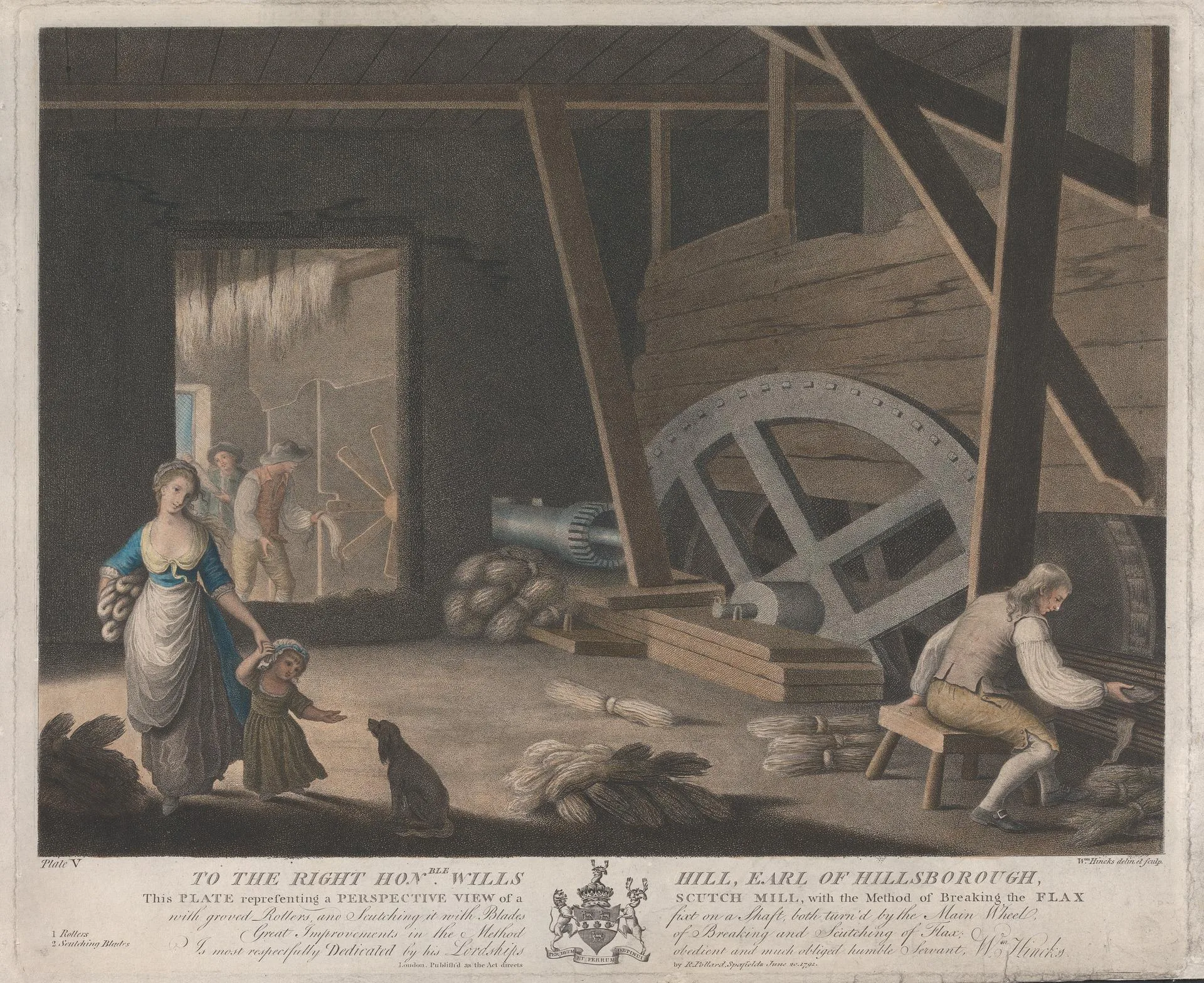 Engraving of a mill interior with workers scutching flax beside a large wheel