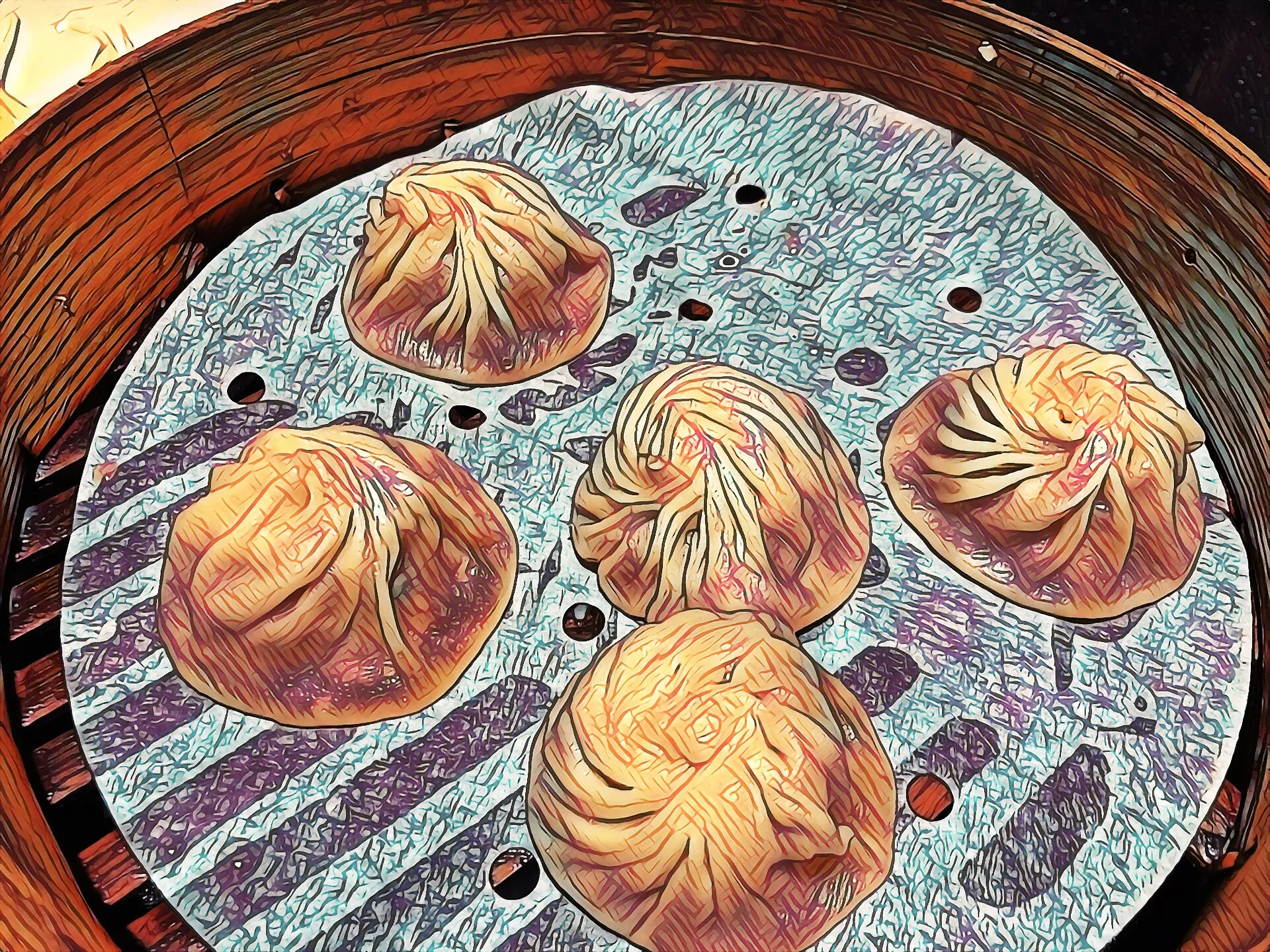 Pleated soup dumplings arranged in a round bamboo steamer basket