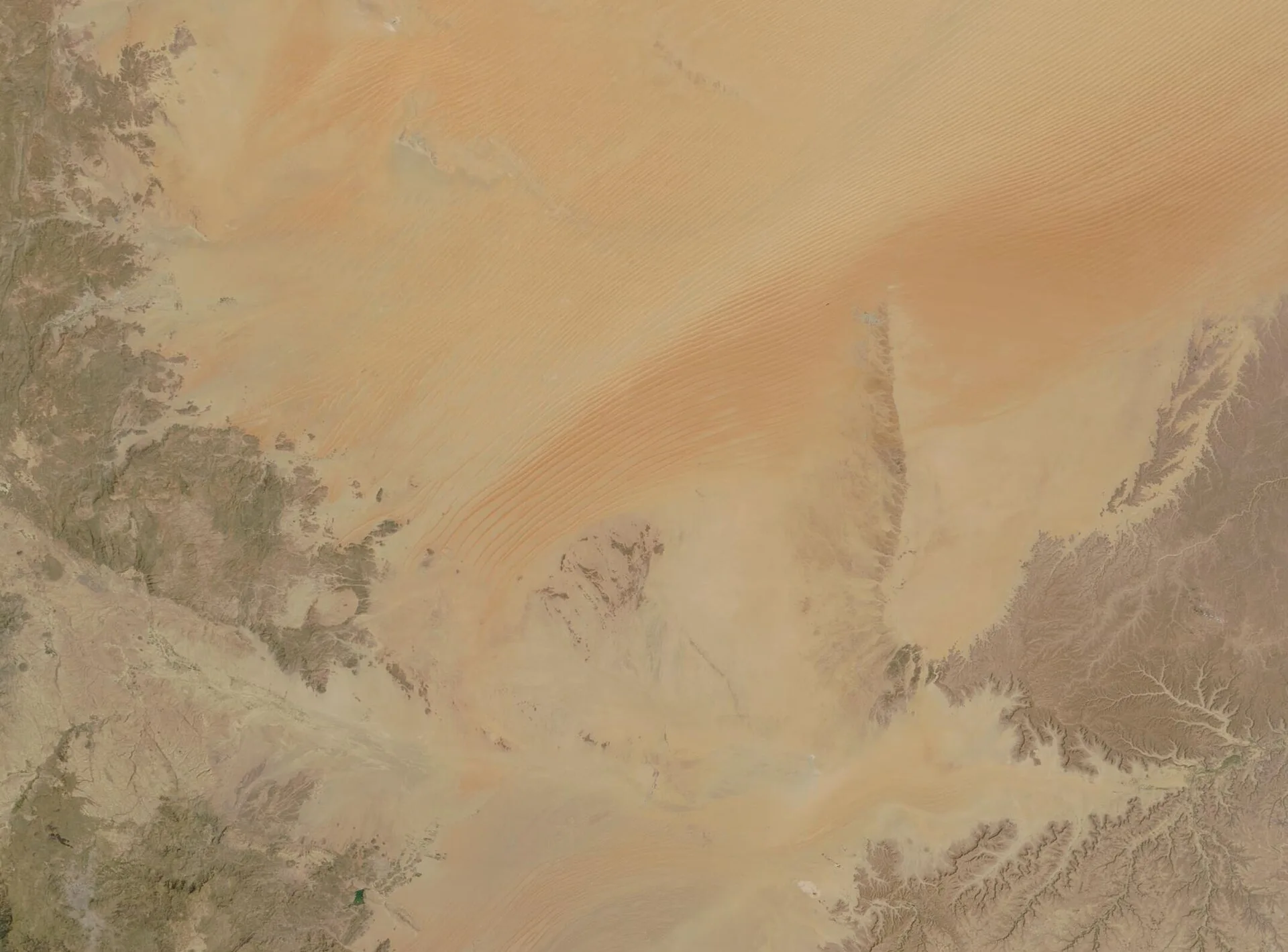 Satellite view of a vast sand sea across the Arabian Peninsula