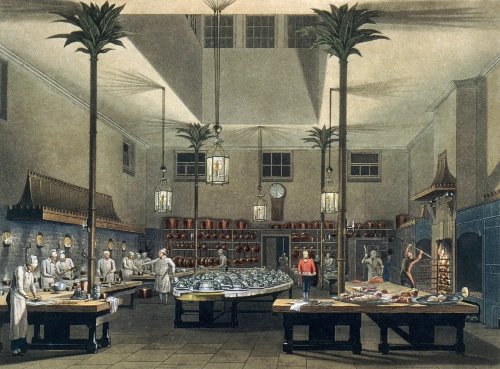 Coloured print of a lofty kitchen with palm-shaped columns and cooks at work