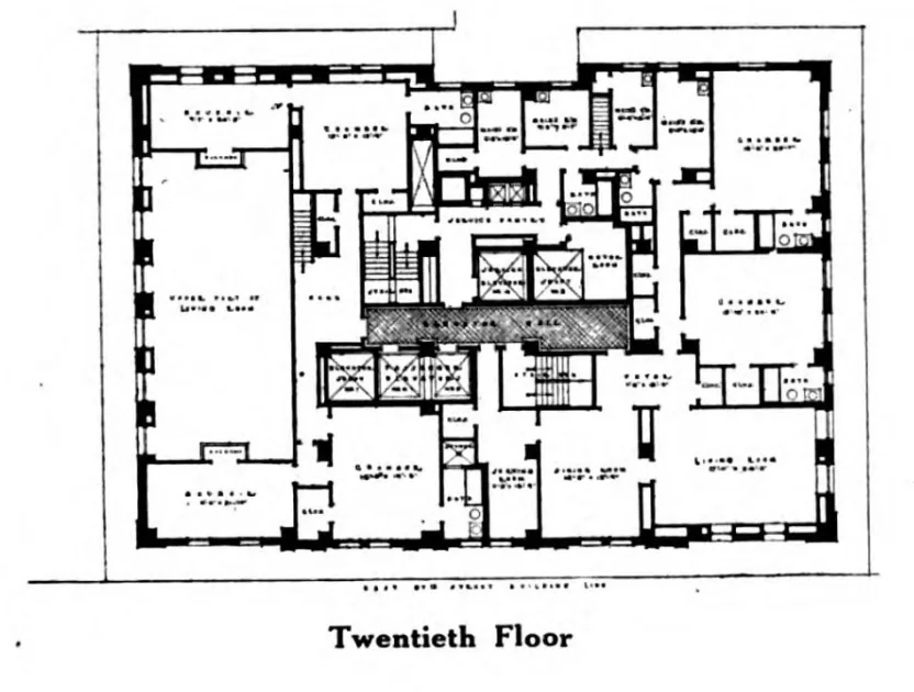 Architectural floor plan of apartments arranged around a central core
