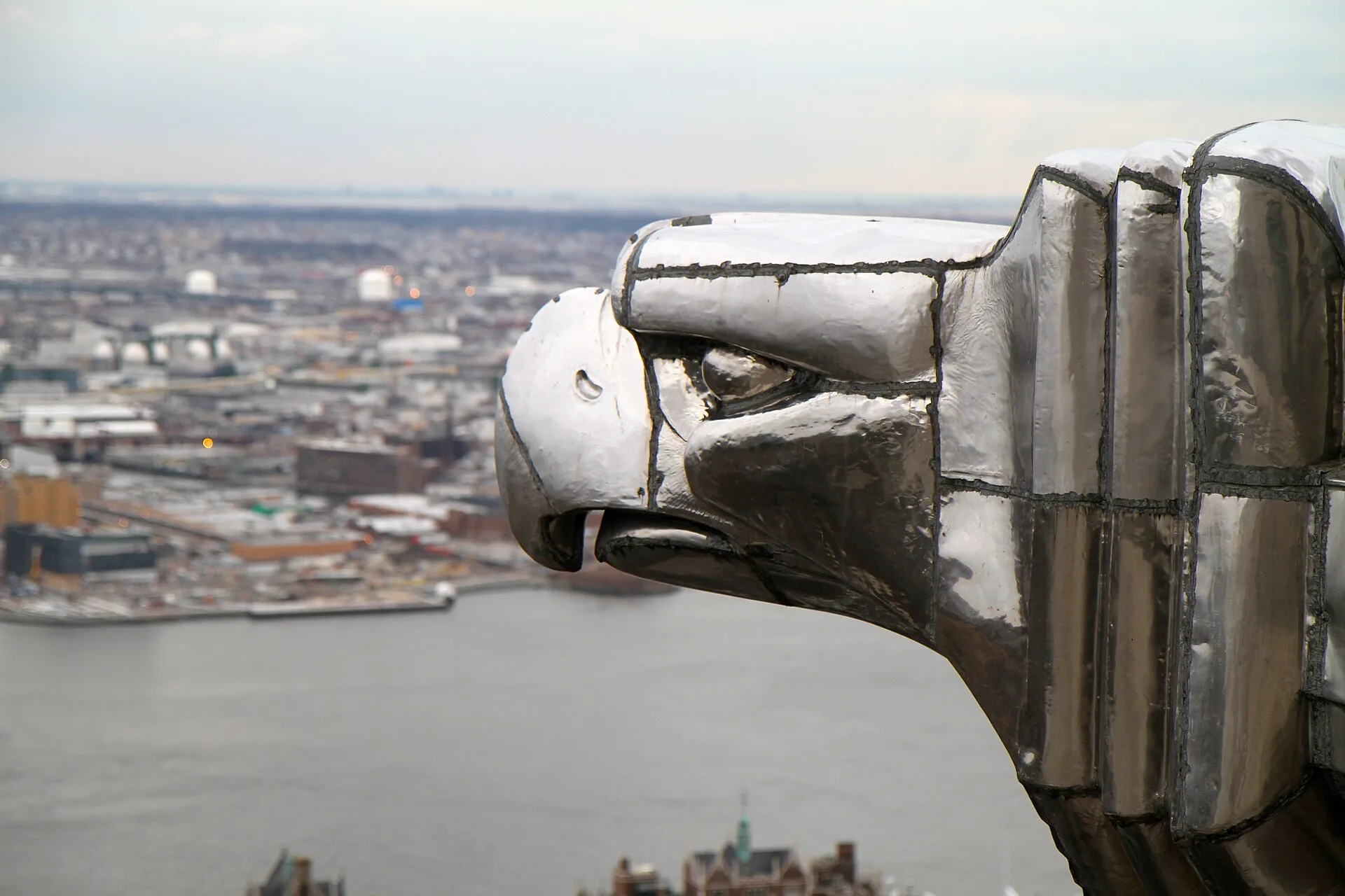 Stainless steel eagle head ornament projecting from a skyscraper corner
